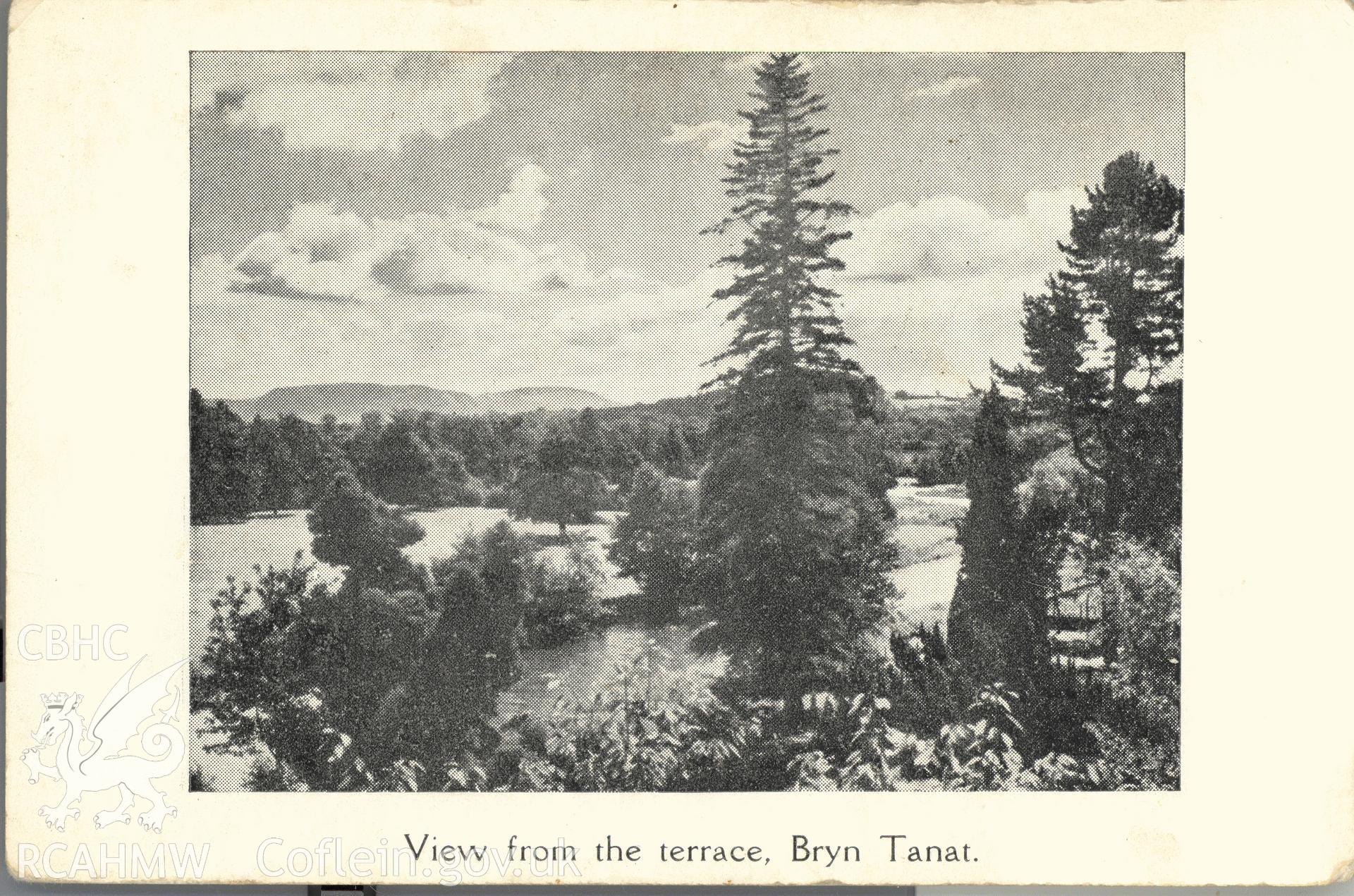 Digitised postcard image of View from the terrace, Bryn Tanat garden, Llangedwyn. Produced by Parks and Gardens Data Services, from an original item in the Peter Davis Collection at Parks and Gardens UK. We hold only web-resolution images of this collection, suitable for viewing on screen and for research purposes only. We do not hold the original images, or publication quality scans.