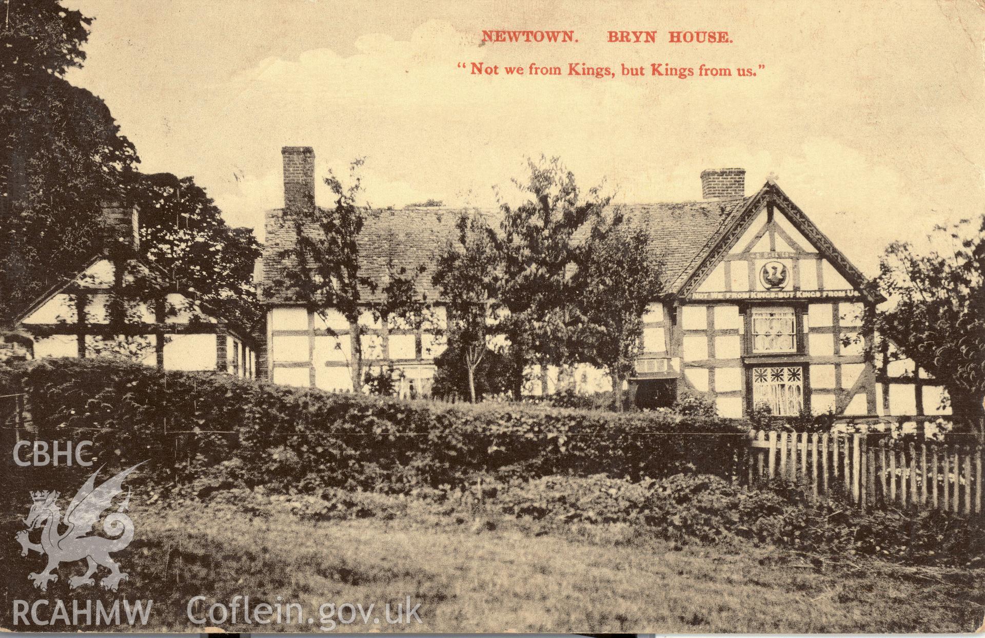 Digitised postcard image of Bryn House, Newtown, Park and Son, Newtown. Produced by Parks and Gardens Data Services, from an original item in the Peter Davis Collection at Parks and Gardens UK. We hold only web-resolution images of this collection, suitable for viewing on screen and for research purposes only. We do not hold the original images, or publication quality scans.