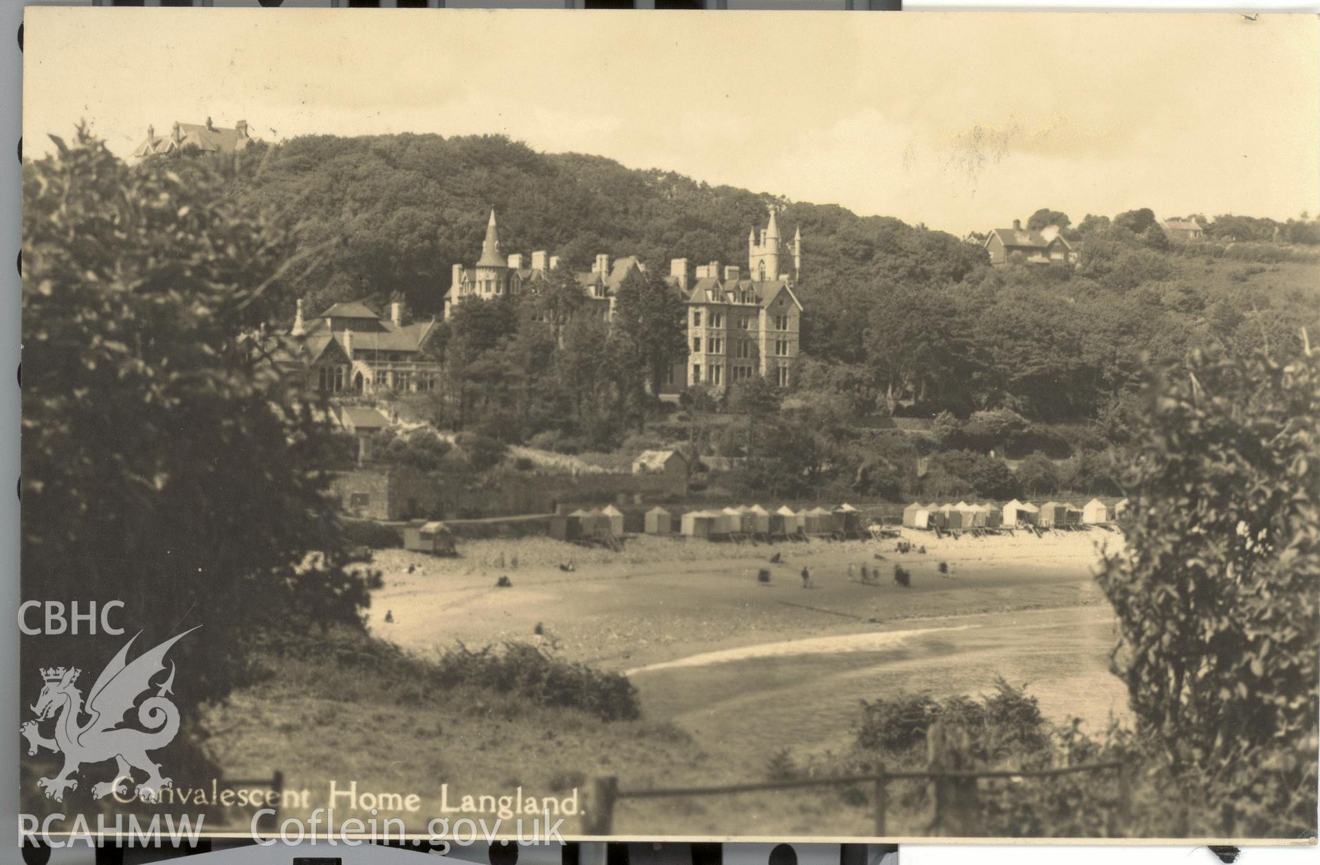 Digitised postcard image of Langland Bay Hotel, Langland, Aubrey Colquhoun, Swansea. Produced by Parks and Gardens Data Services, from an original item in the Peter Davis Collection at Parks and Gardens UK. We hold only web-resolution images of this collection, suitable for viewing on screen and for research purposes only. We do not hold the original images, or publication quality scans.