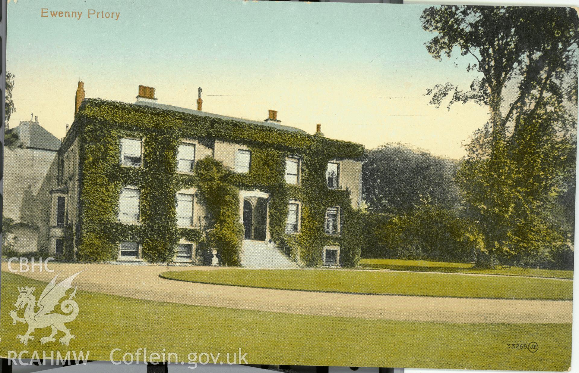 Digitised postcard image of Ewenny Priory House, Valentines Series. Produced by Parks and Gardens Data Services, from an original item in the Peter Davis Collection at Parks and Gardens UK. We hold only web-resolution images of this collection, suitable for viewing on screen and for research purposes only. We do not hold the original images, or publication quality scans.