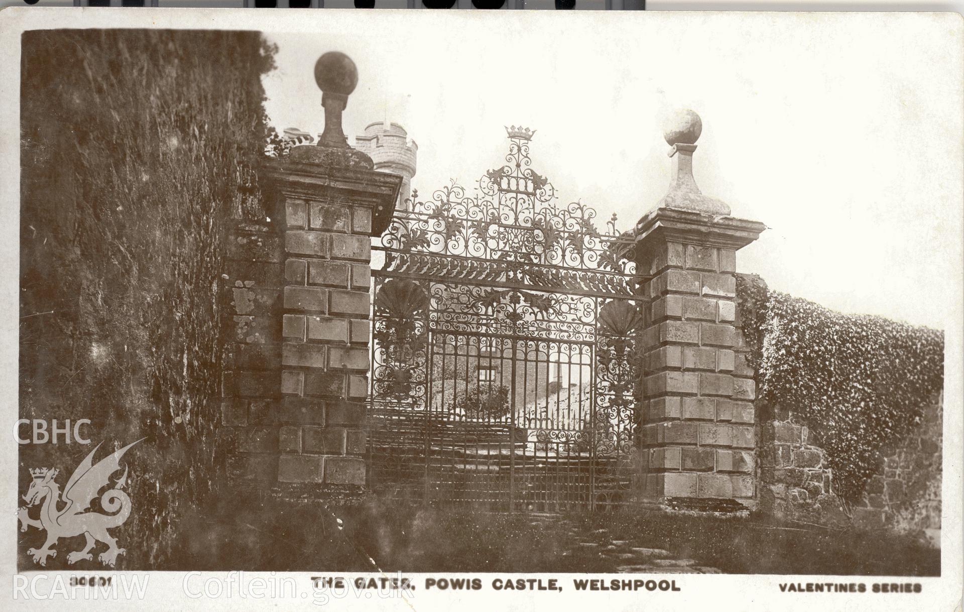 Digitised postcard image of Powis Castle, gate and piers, Valentines Series. Produced by Parks and Gardens Data Services, from an original item in the Peter Davis Collection at Parks and Gardens UK. We hold only web-resolution images of this collection, suitable for viewing on screen and for research purposes only. We do not hold the original images, or publication quality scans.