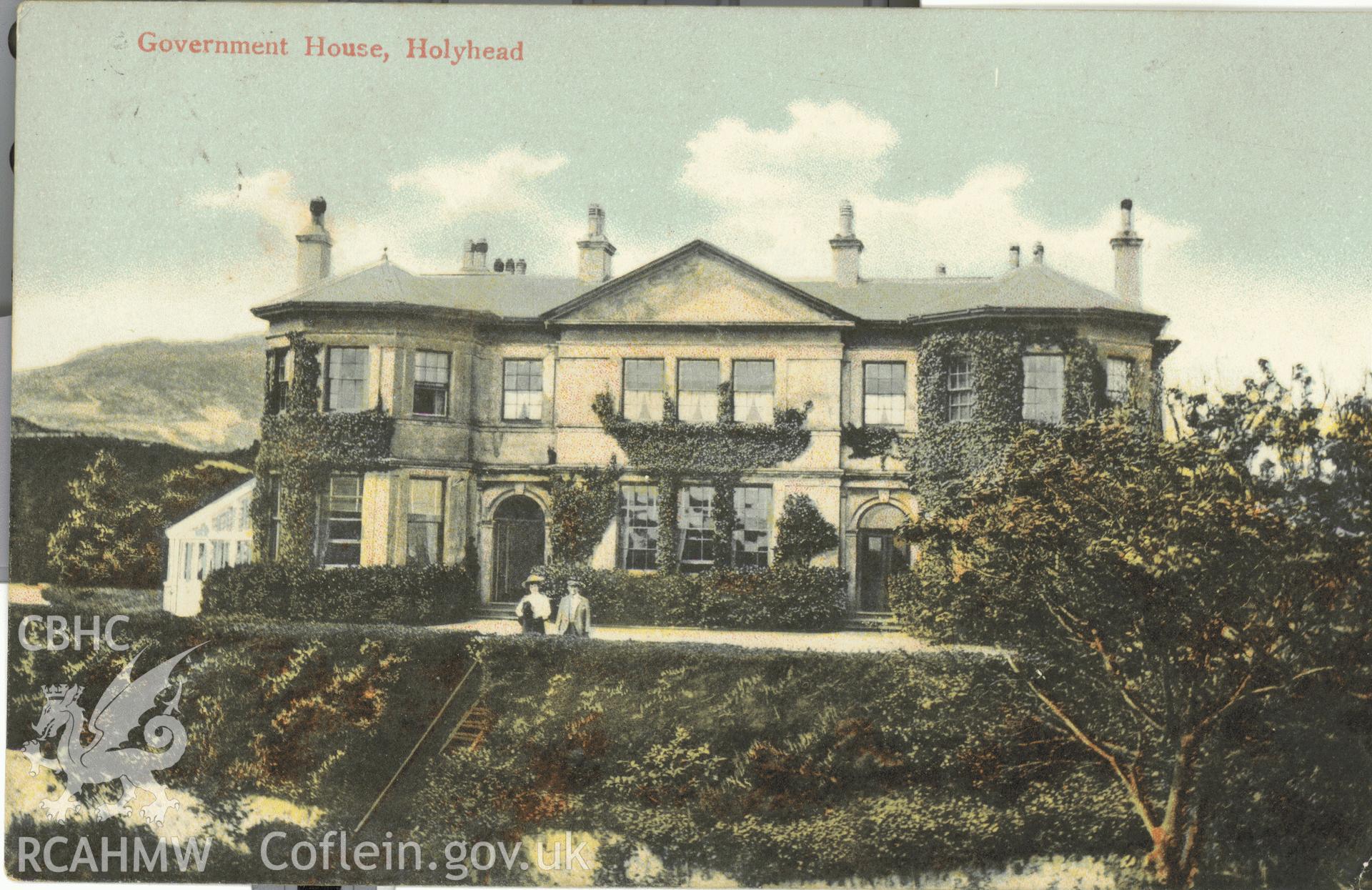 Digitised postcard image of Porth-y-Felin, Holyhead, W.O. Jones, Compton House, Holyhead. Produced by Parks and Gardens Data Services, from an original item in the Peter Davis Collection at Parks and Gardens UK. We hold only web-resolution images of this collection, suitable for viewing on screen and for research purposes only. We do not hold the original images, or publication quality scans.