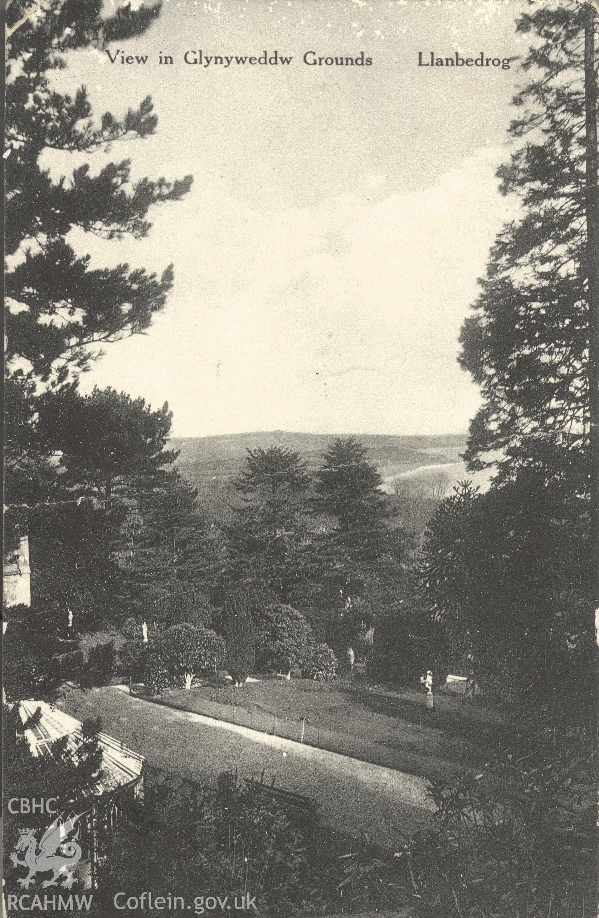 Digitised postcard image of grounds at Plas Glyn y weddw, Llanbedrog, Beacon Series T.B. & Co., L. Produced by Parks and Gardens Data Services, from an original item in the Peter Davis Collection at Parks and Gardens UK. We hold only web-resolution images of this collection, suitable for viewing on screen and for research purposes only. We do not hold the original images, or publication quality scans.