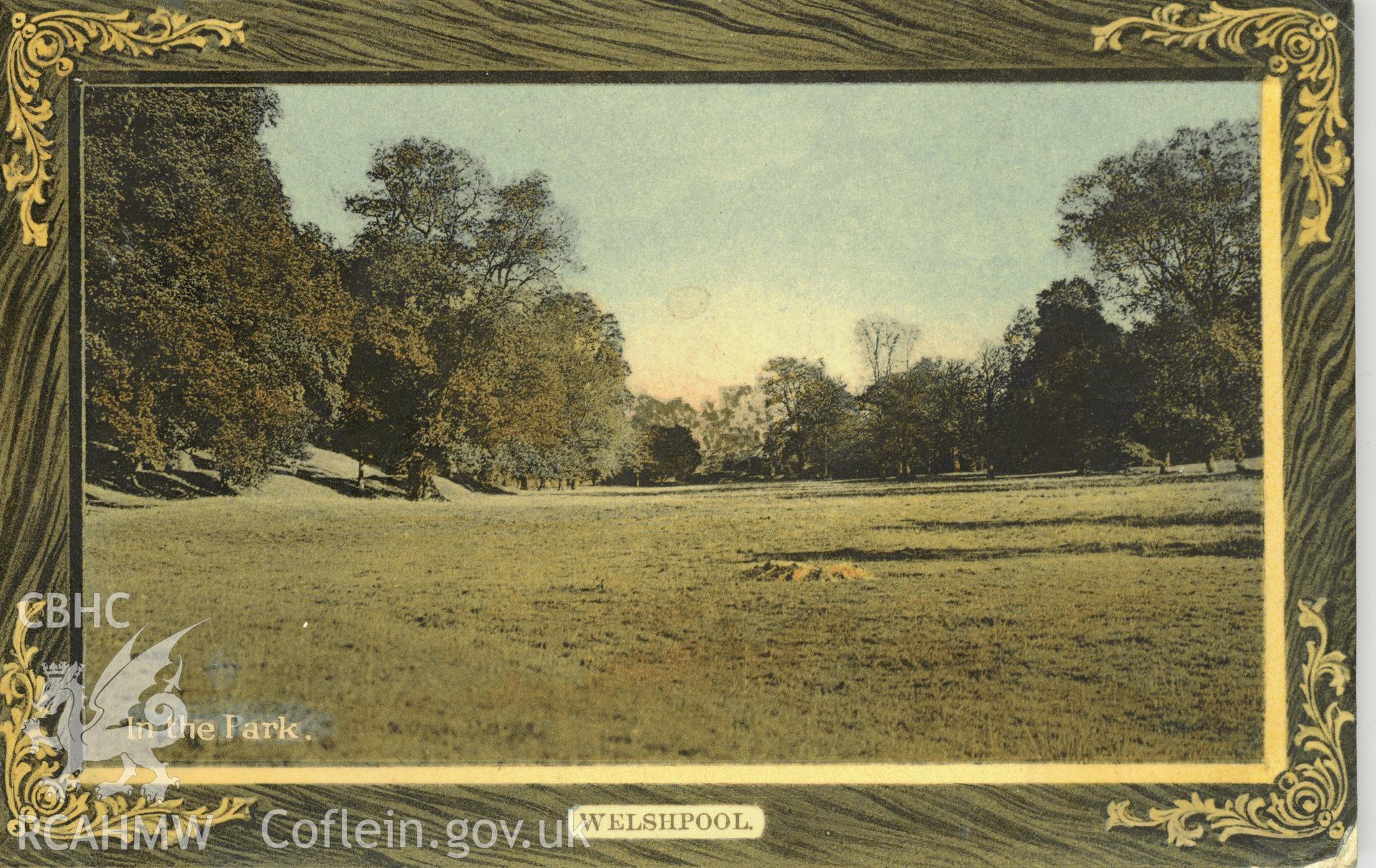 Digitised postcard image of Powis Castle grounds, State Series, Liverpool. Produced by Parks and Gardens Data Services, from an original item in the Peter Davis Collection at Parks and Gardens UK. We hold only web-resolution images of this collection, suitable for viewing on screen and for research purposes only. We do not hold the original images, or publication quality scans.