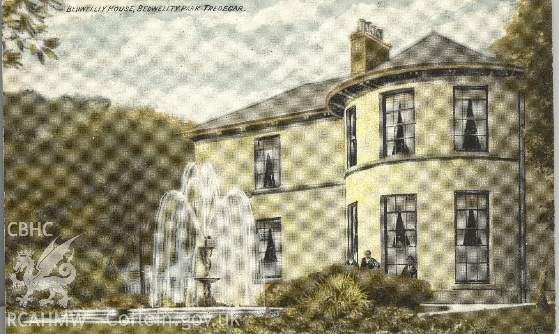 Digitised postcard image of Bedwellty House, Tredegar. Produced by Parks and Gardens Data Services, from an original item in the Peter Davis Collection at Parks and Gardens UK. We hold only web-resolution images of this collection, suitable for viewing on screen and for research purposes only. We do not hold the original images, or publication quality scans.