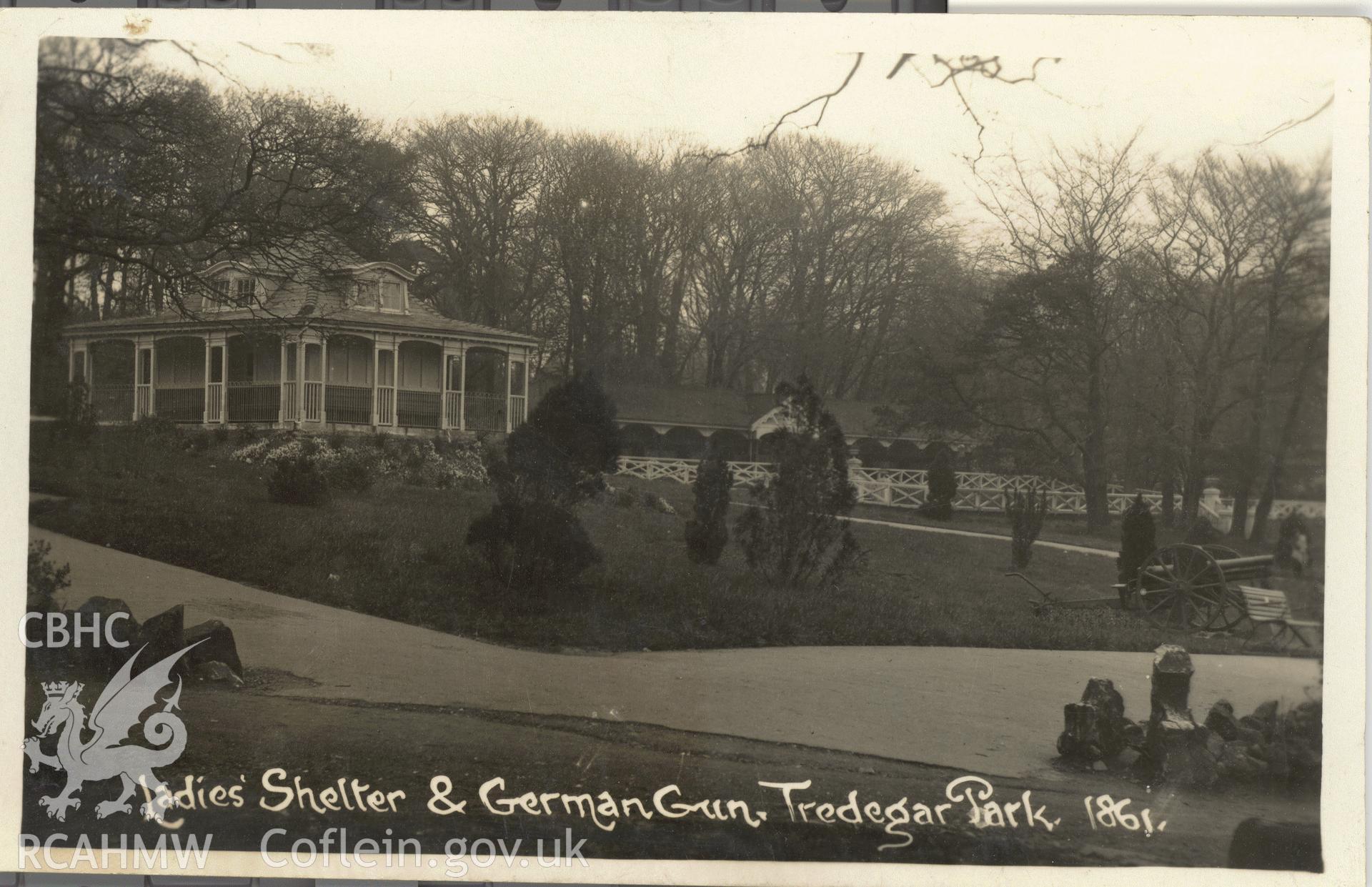 Digitised postcard image of the Ladies Shelter and German Gun at Bedwellty Park, Tredegar. Produced by Parks and Gardens Data Services, from an original item in the Peter Davis Collection at Parks and Gardens UK. We hold only web-resolution images of this collection, suitable for viewing on screen and for research purposes only. We do not hold the original images, or publication quality scans.