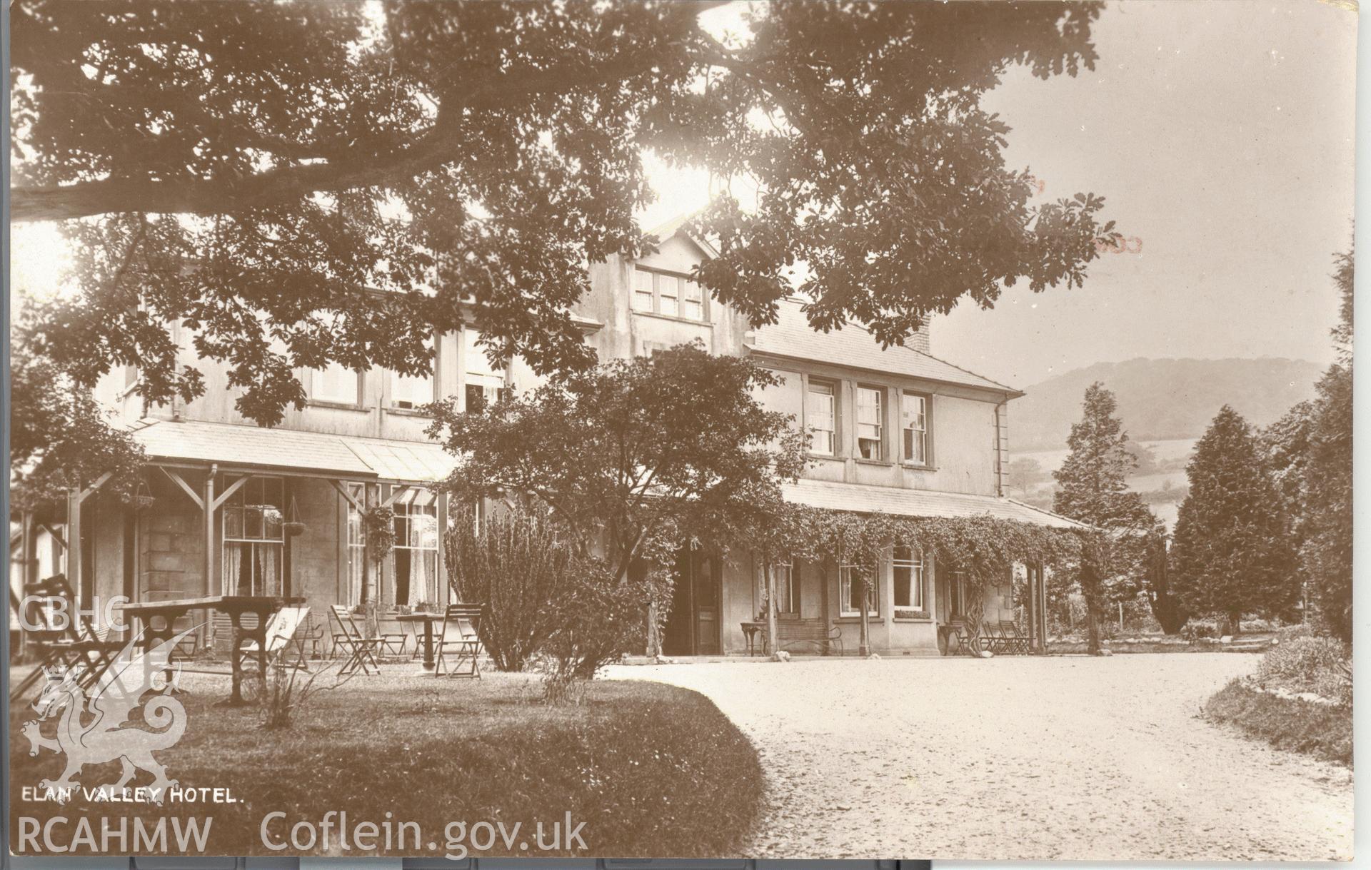 Digitised postcard image of Elan Valley Hotel. Produced by Parks and Gardens Data Services, from an original item in the Peter Davis Collection at Parks and Gardens UK. We hold only web-resolution images of this collection, suitable for viewing on screen and for research purposes only. We do not hold the original images, or publication quality scans.