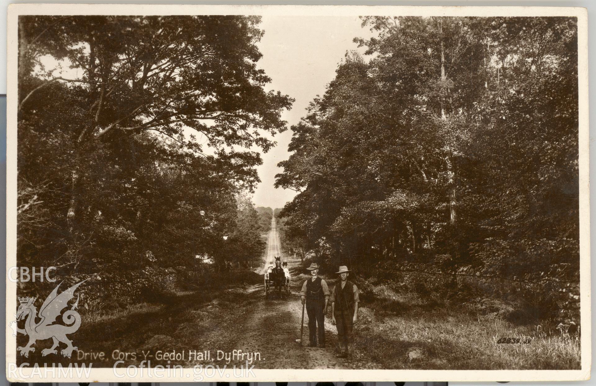 Digitised postcard image of Cors-y-Gedol gardens, showing avenue with figures, H.B. Davies, Hairdresser, Dyffryn. Produced by Parks and Gardens Data Services, from an original item in the Peter Davis Collection at Parks and Gardens UK. We hold only web-resolution images of this collection, suitable for viewing on screen and for research purposes only. We do not hold the original images, or publication quality scans.