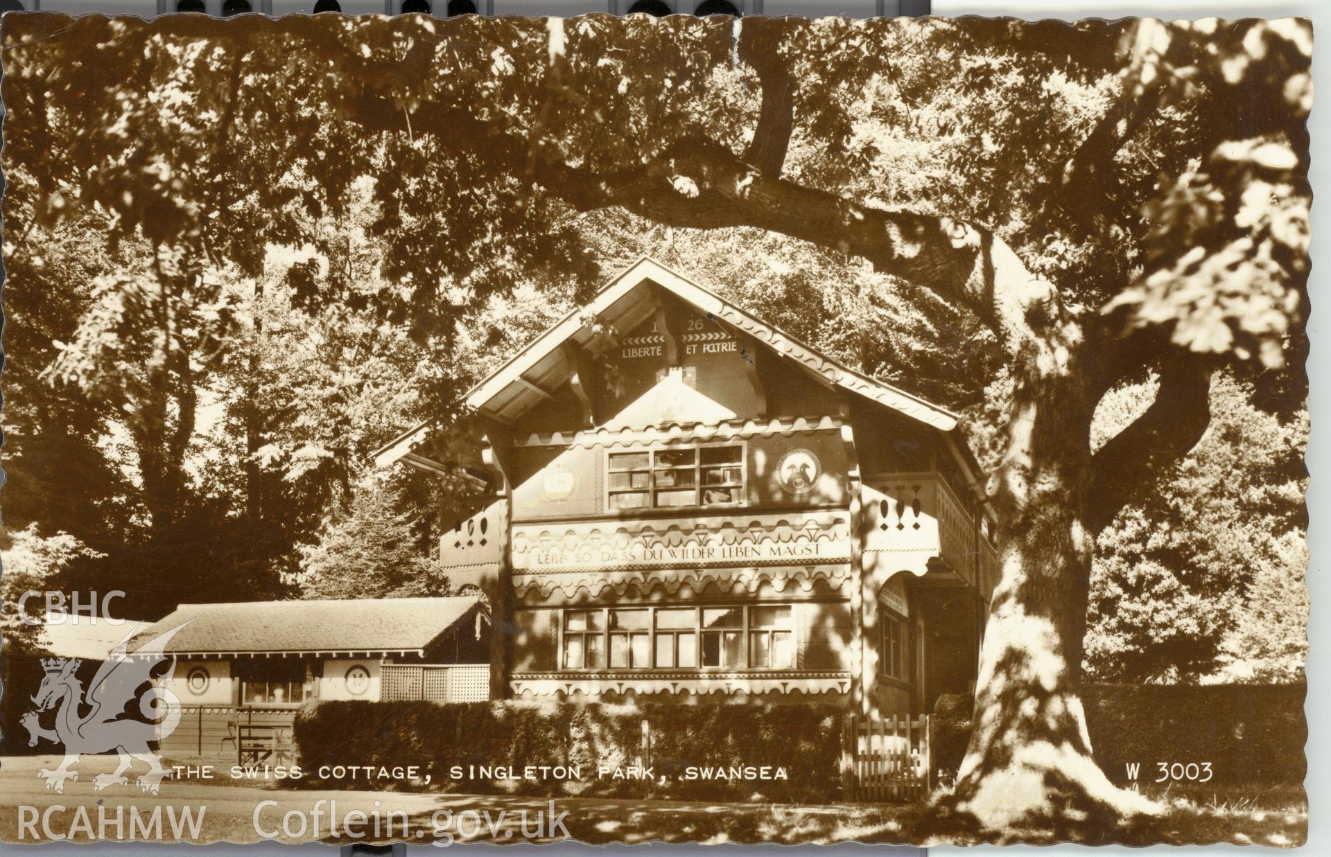 Digitised postcard image of the Swiss cottage, Singleton Park, Swansea, Valentine's Postcard. Produced by Parks and Gardens Data Services, from an original item in the Peter Davis Collection at Parks and Gardens UK. We hold only web-resolution images of this collection, suitable for viewing on screen and for research purposes only. We do not hold the original images, or publication quality scans.