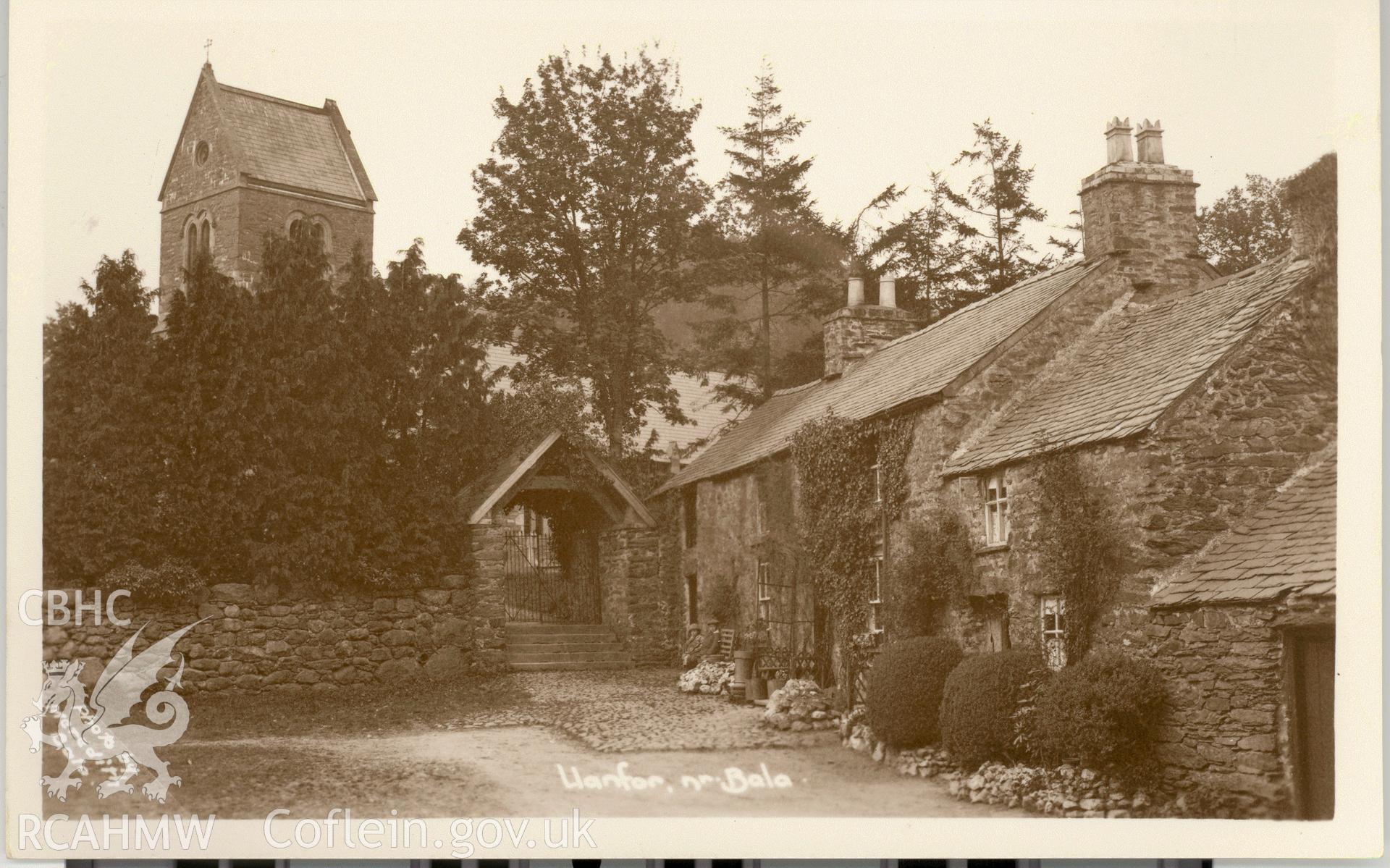 Digitised postcard image of St Deiniol's Church, Llanfor, Meredith, Bala. Produced by Parks and Gardens Data Services, from an original item in the Peter Davis Collection at Parks and Gardens UK. We hold only web-resolution images of this collection, suitable for viewing on screen and for research purposes only. We do not hold the original images, or publication quality scans.