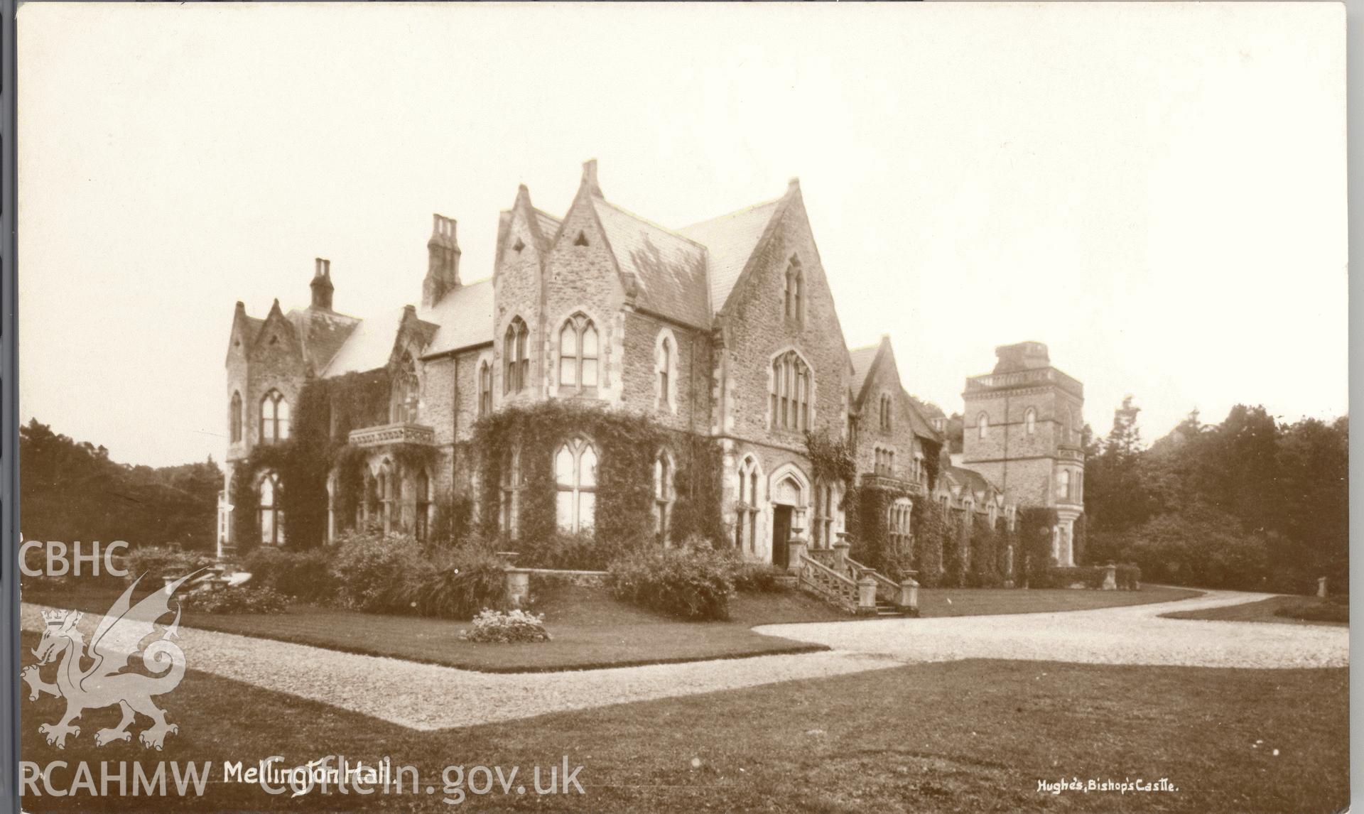 Digitised postcard image of Mellington Hall, Churchstoke, A Hughes, Printer and Stationer, Bishop's Castl. Produced by Parks and Gardens Data Services, from an original item in the Peter Davis Collection at Parks and Gardens UK. We hold only web-resolution images of this collection, suitable for viewing on screen and for research purposes only. We do not hold the original images, or publication quality scans.