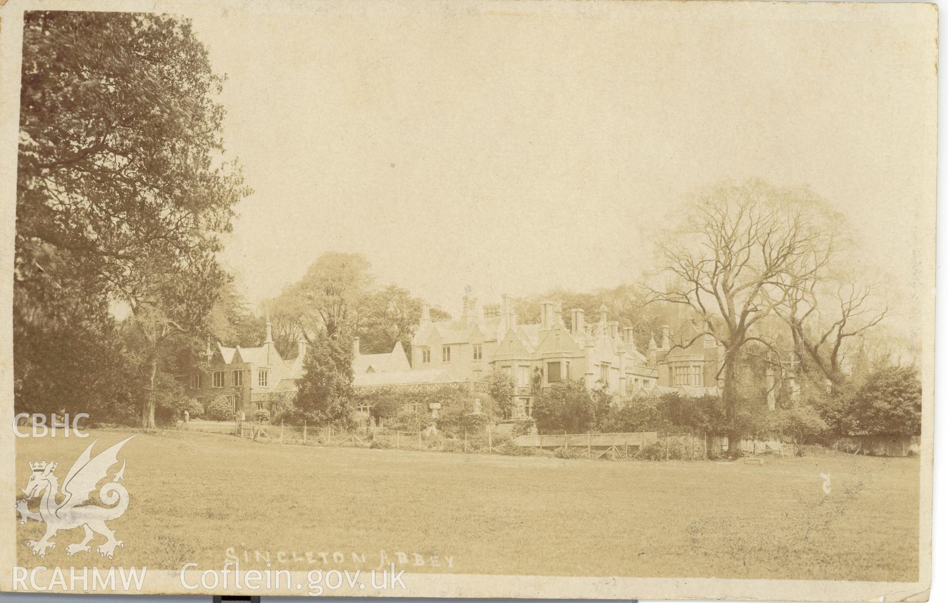 Digitised postcard image of Singleton Abbey showing terrace and pierced stone wall. Produced by Parks and Gardens Data Services, from an original item in the Peter Davis Collection at Parks and Gardens UK. We hold only web-resolution images of this collection, suitable for viewing on screen and for research purposes only. We do not hold the original images, or publication quality scans.