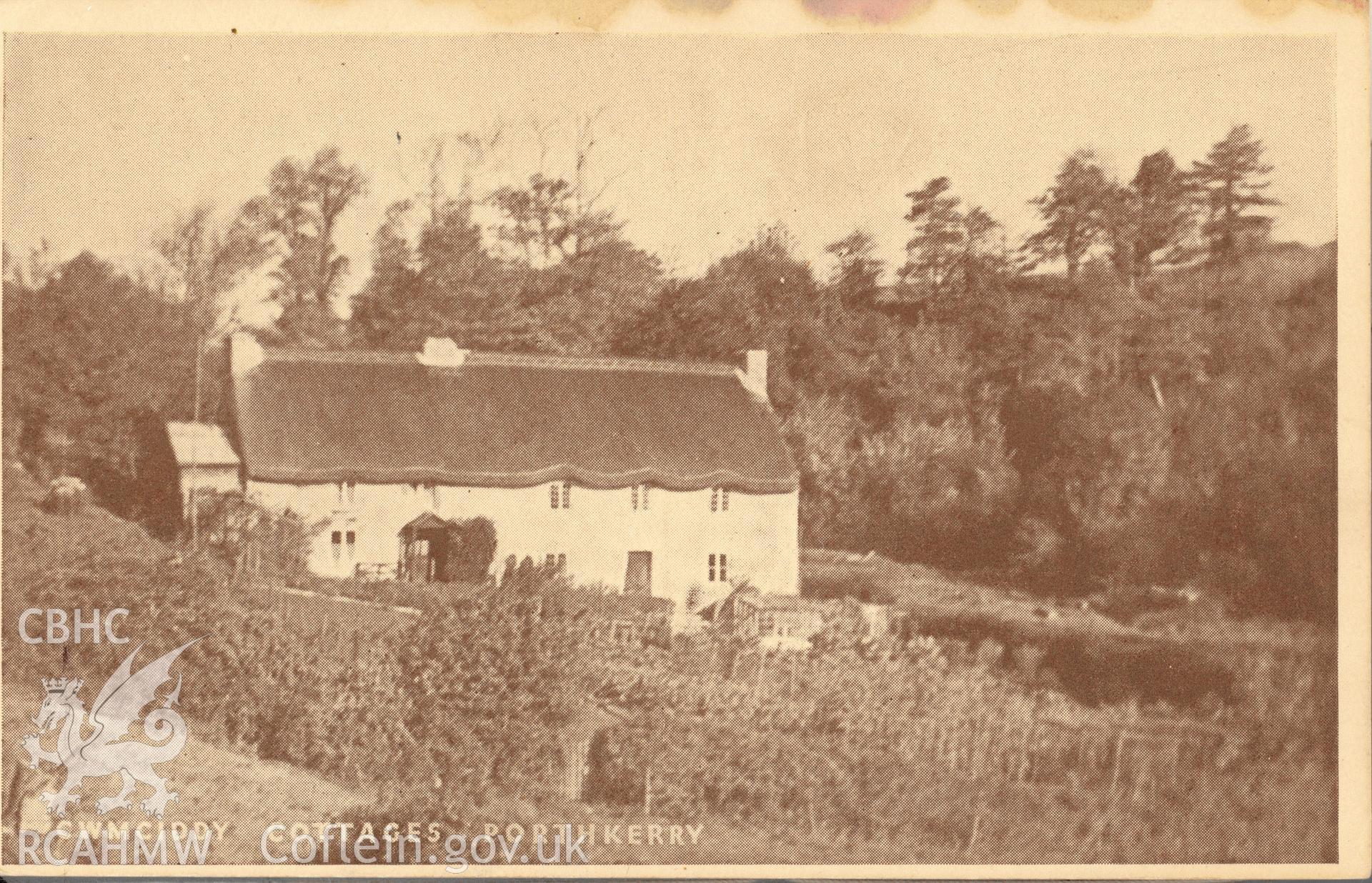 Digitised postcard image of Cwmciddy Cottages, Porthkerry Park. Produced by Parks and Gardens Data Services, from an original item in the Peter Davis Collection at Parks and Gardens UK. We hold only web-resolution images of this collection, suitable for viewing on screen and for research purposes only. We do not hold the original images, or publication quality scans.