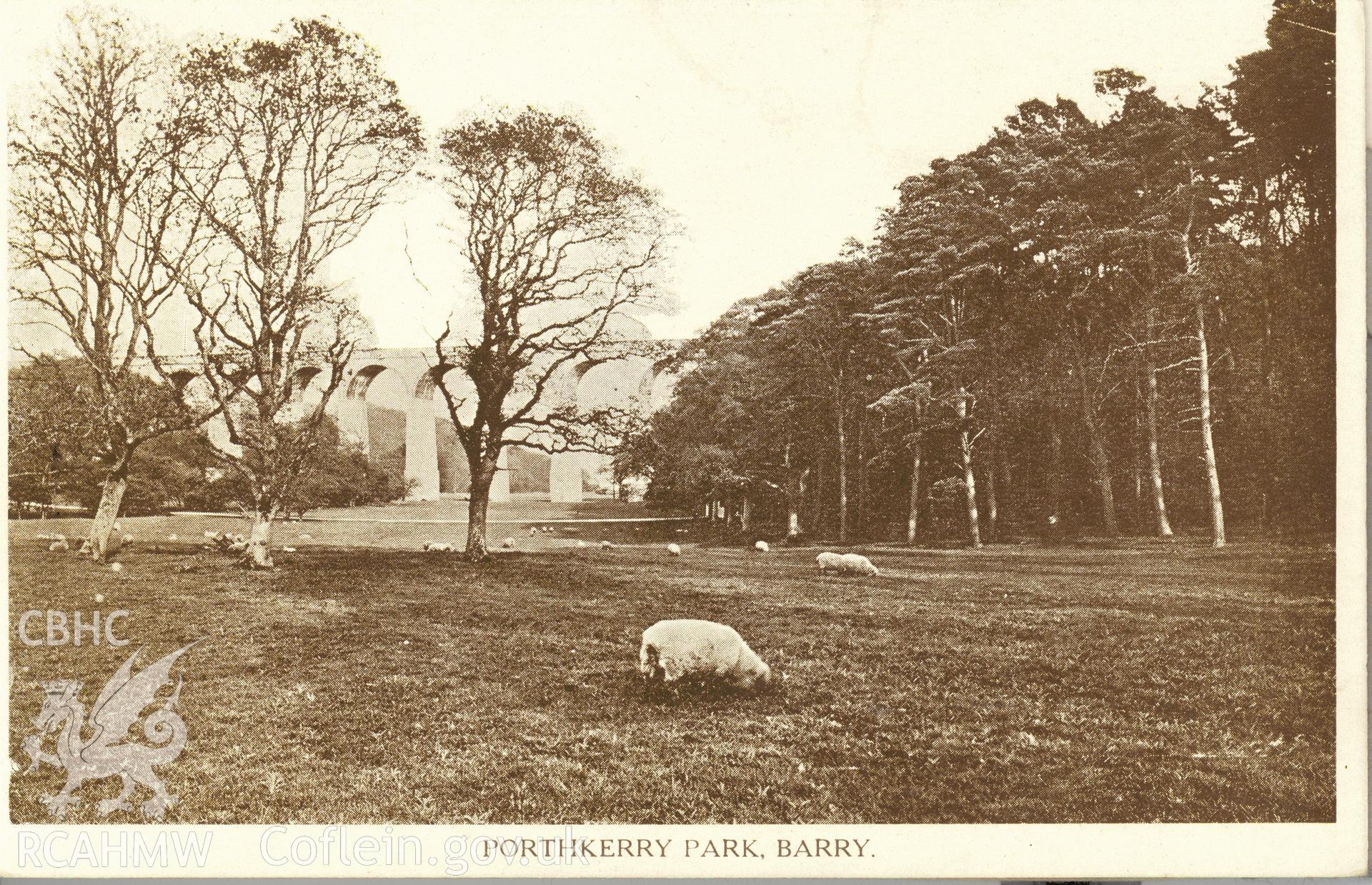 Digitised postcard image of Porthkerry Viaduct, The Milton "Carbon" Series, Woolstone Bros., London. Produced by Parks and Gardens Data Services, from an original item in the Peter Davis Collection at Parks and Gardens UK. We hold only web-resolution images of this collection, suitable for viewing on screen and for research purposes only. We do not hold the original images, or publication quality scans.