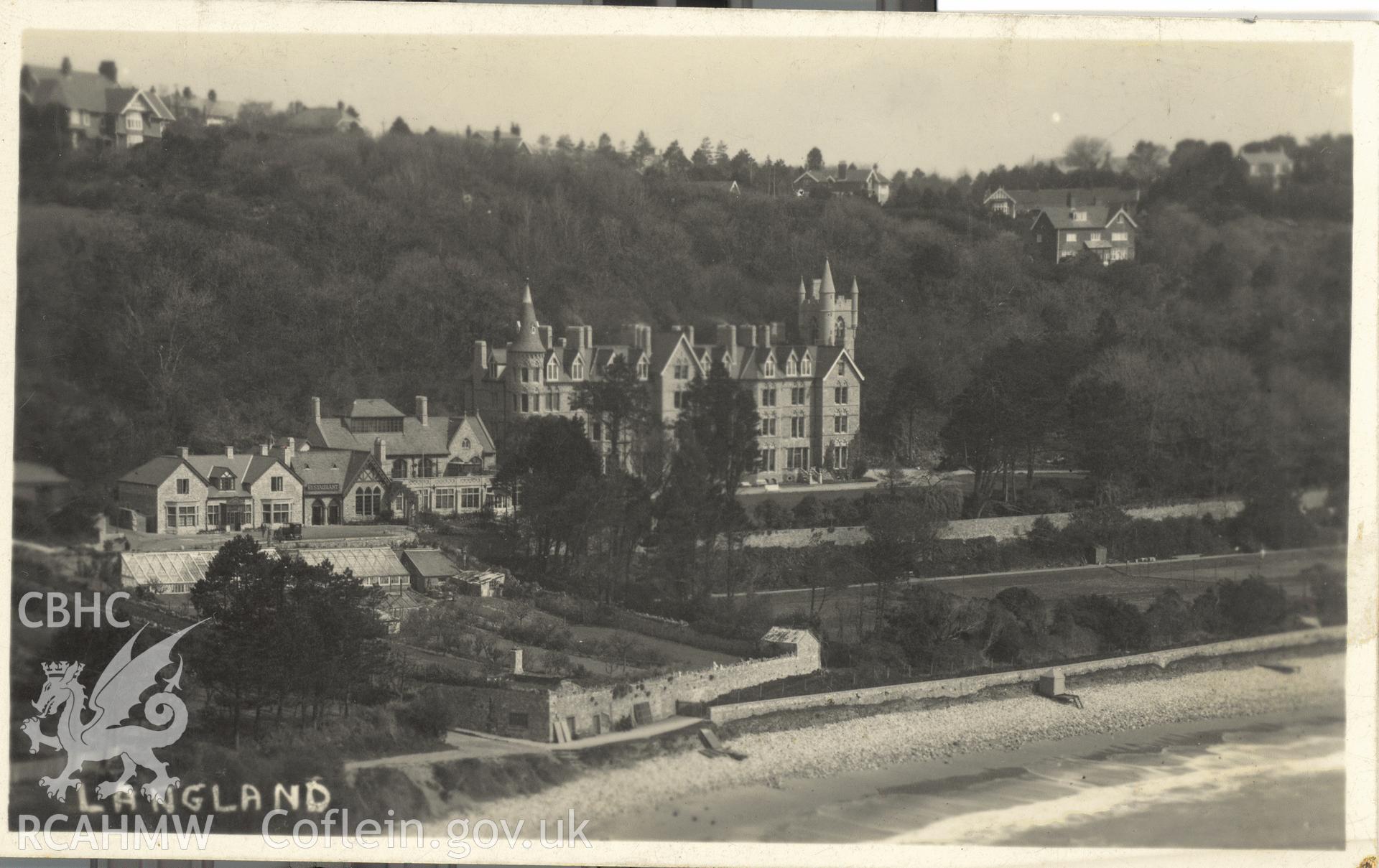 Digitised postcard image of Langland Bay Hotel, Langland. Produced by Parks and Gardens Data Services, from an original item in the Peter Davis Collection at Parks and Gardens UK. We hold only web-resolution images of this collection, suitable for viewing on screen and for research purposes only. We do not hold the original images, or publication quality scans.