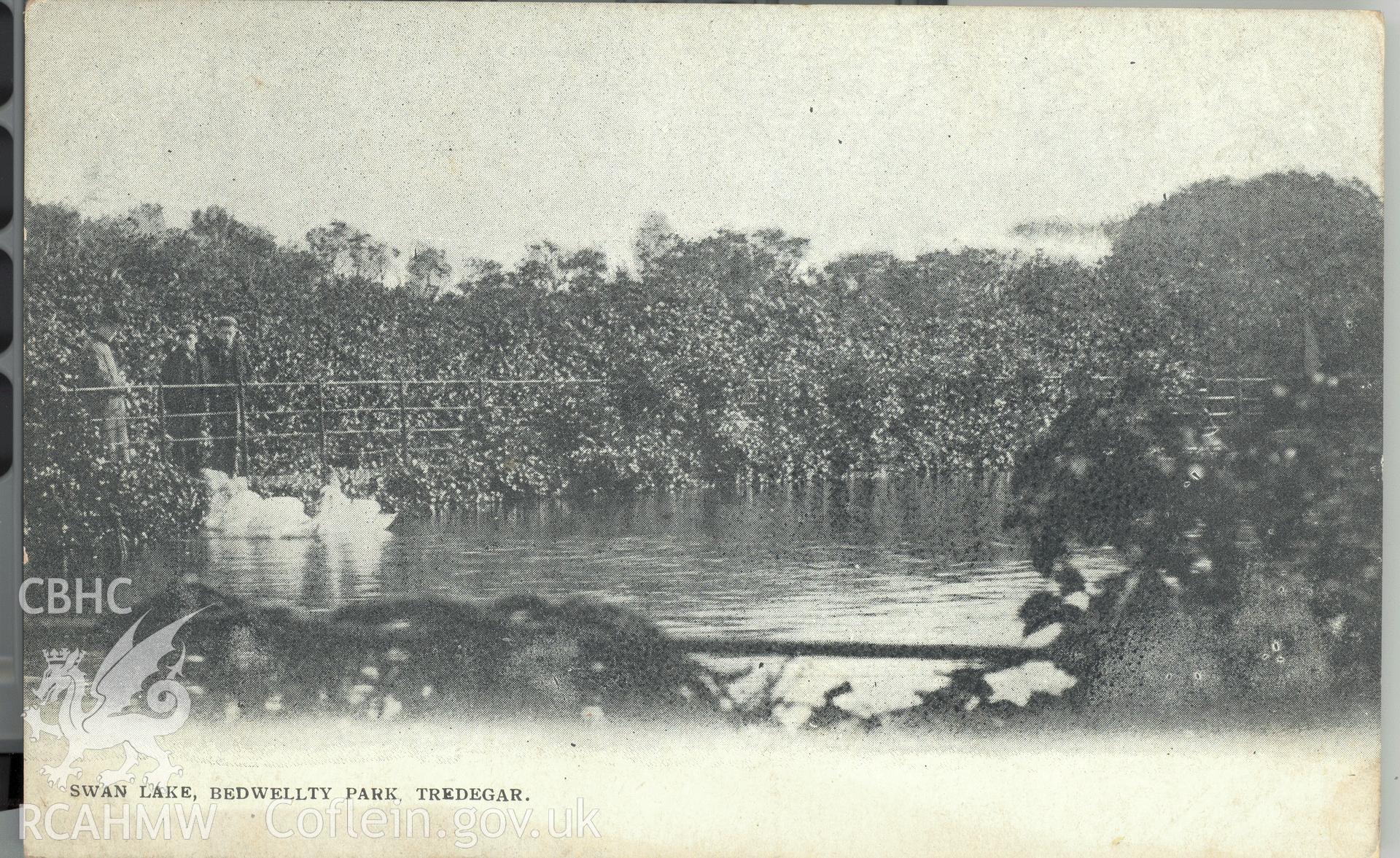 Digitised postcard image of Swan Lake, Bedwellty park, Tredegar. Produced by Parks and Gardens Data Services, from an original item in the Peter Davis Collection at Parks and Gardens UK. We hold only web-resolution images of this collection, suitable for viewing on screen and for research purposes only. We do not hold the original images, or publication quality scans.