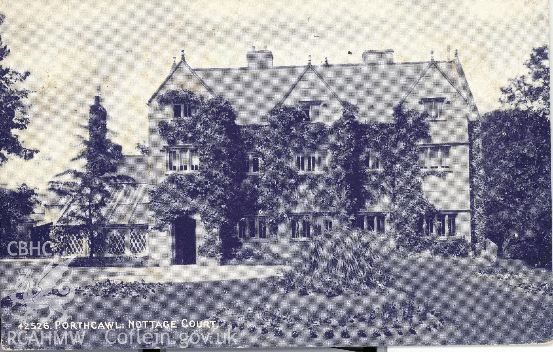 Digitised postcard image of Nottage Court, Porthcawl, Wedgwood Series. the Photochrom Co., Ltd. Produced by Parks and Gardens Data Services, from an original item in the Peter Davis Collection at Parks and Gardens UK. We hold only web-resolution images of this collection, suitable for viewing on screen and for research purposes only. We do not hold the original images, or publication quality scans.