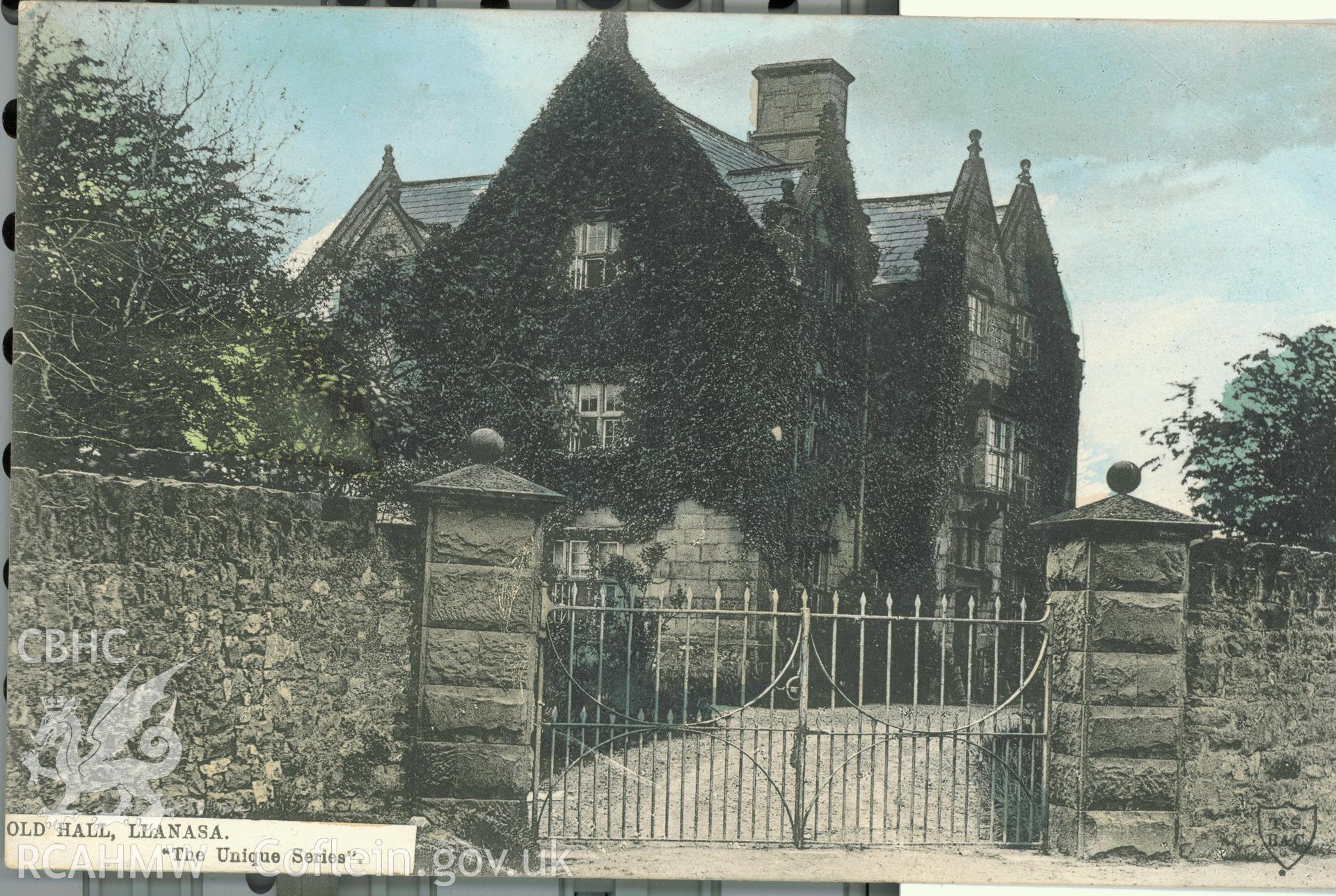 Digitised postcard image of Old Hall, Llanasa, The Unique Series T.S.B. & C.1. Produced by Parks and Gardens Data Services, from an original item in the Peter Davis Collection at Parks and Gardens UK. We hold only web-resolution images of this collection, suitable for viewing on screen and for research purposes only. We do not hold the original images, or publication quality scans.