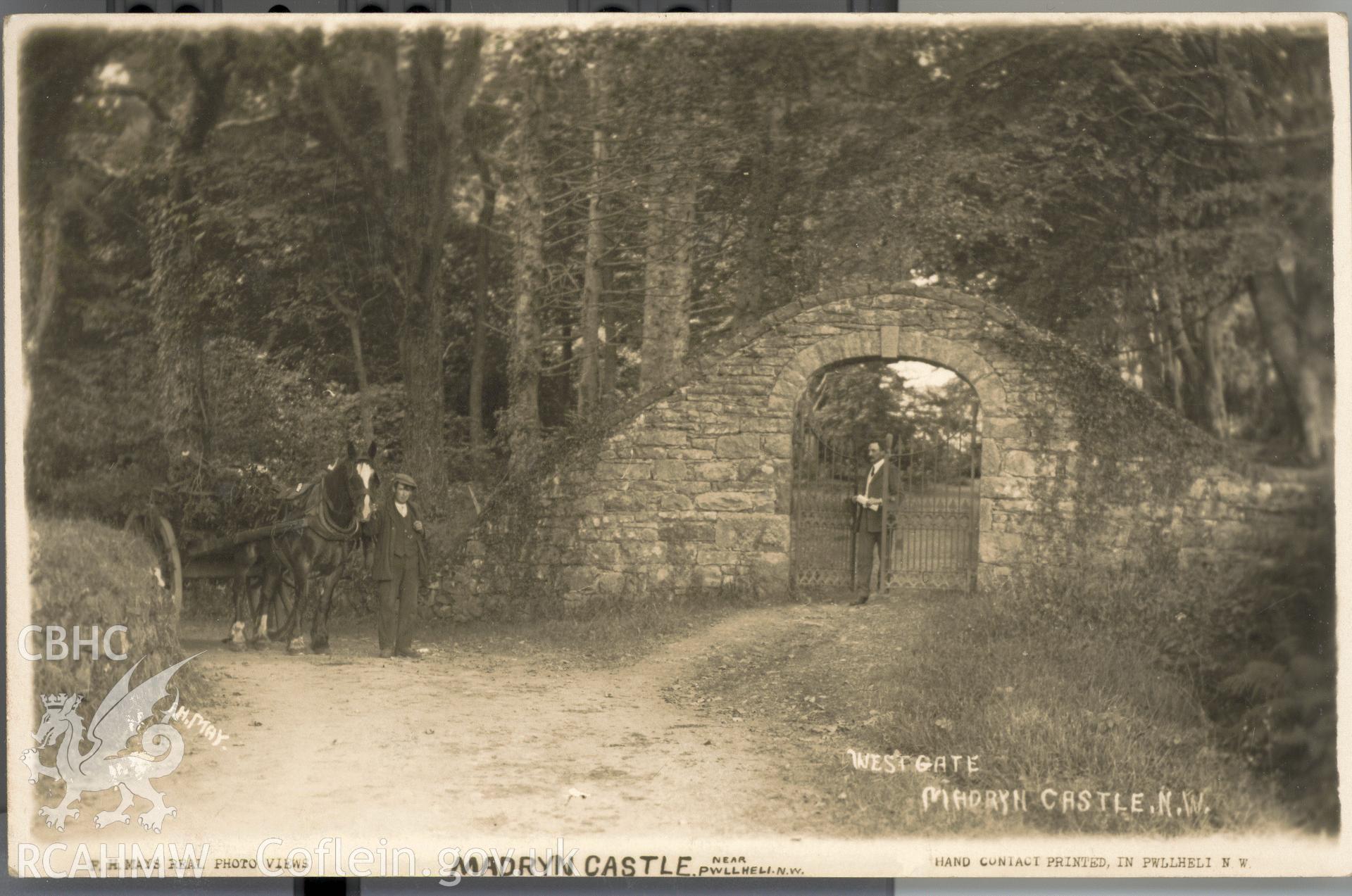 Digitised postcard image of west gate in grounds of Madryn Castle, Buan, with horse, cart and figures, F.H. Mays Real Photo Views. Produced by Parks and Gardens Data Services, from an original item in the Peter Davis Collection at Parks and Gardens UK. We hold only web-resolution images of this collection, suitable for viewing on screen and for research purposes only. We do not hold the original images, or publication quality scans.