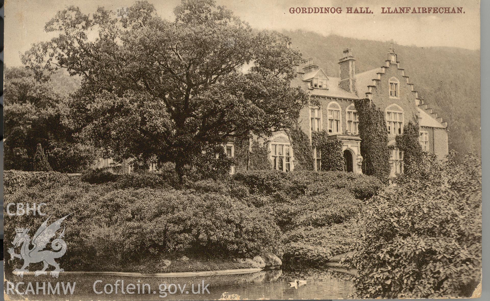 Digitised postcard image of Gorddinog, Llanfairfechan. Produced by Parks and Gardens Data Services, from an original item in the Peter Davis Collection at Parks and Gardens UK. We hold only web-resolution images of this collection, suitable for viewing on screen and for research purposes only. We do not hold the original images, or publication quality scans.