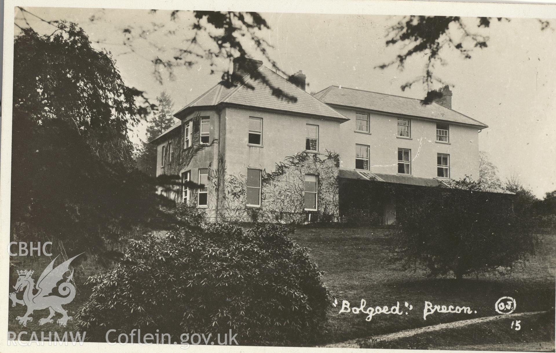 Digitised postcard image of Bolgoed House. Produced by Parks and Gardens Data Services, from an original item in the Peter Davis Collection at Parks and Gardens UK. We hold only web-resolution images of this collection, suitable for viewing on screen and for research purposes only. We do not hold the original images, or publication quality scans.