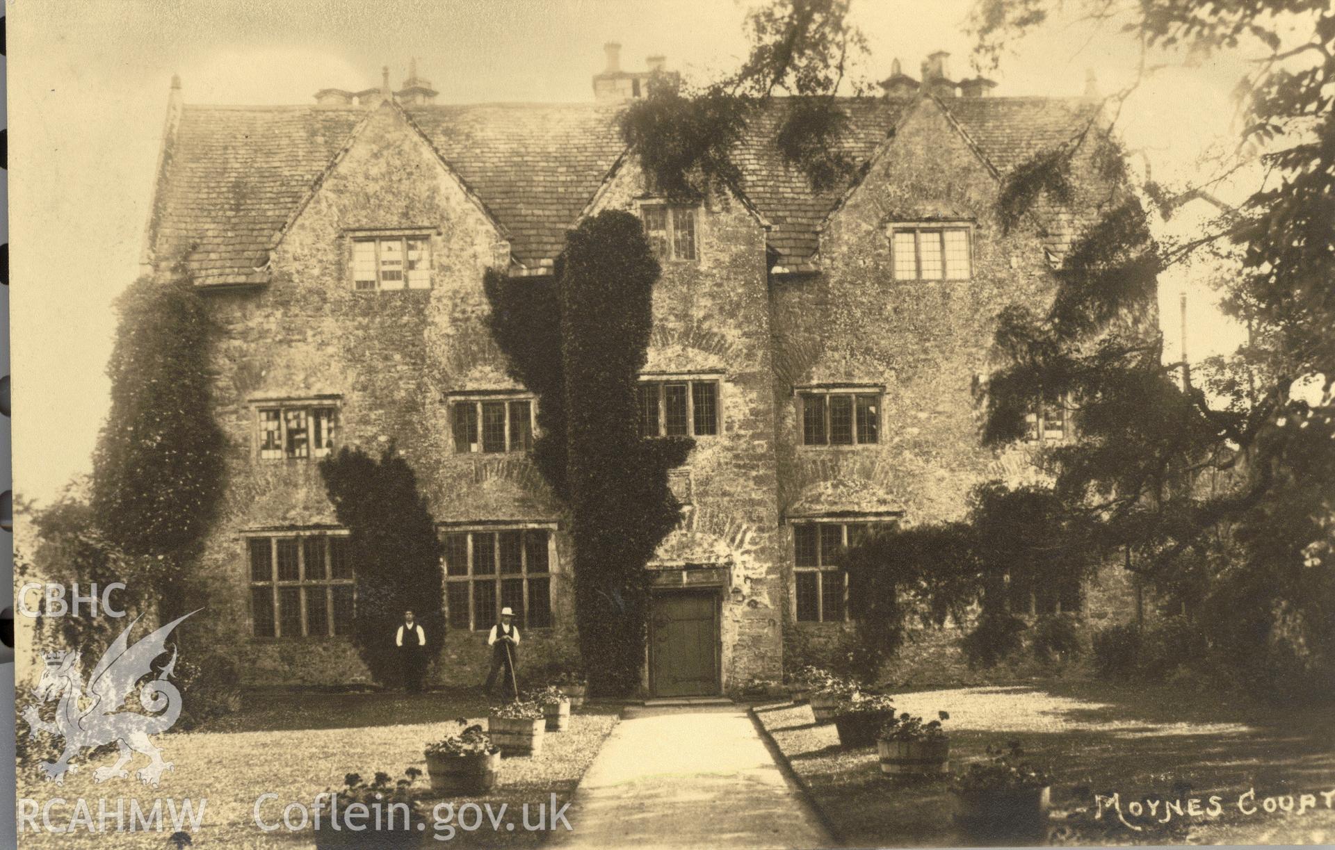 Digitised postcard image of Moynes Court, Mathern, with two gardeners, W.A. Call, the County Studio, Monmouth. Produced by Parks and Gardens Data Services, from an original item in the Peter Davis Collection at Parks and Gardens UK. We hold only web-resolution images of this collection, suitable for viewing on screen and for research purposes only. We do not hold the original images, or publication quality scans.