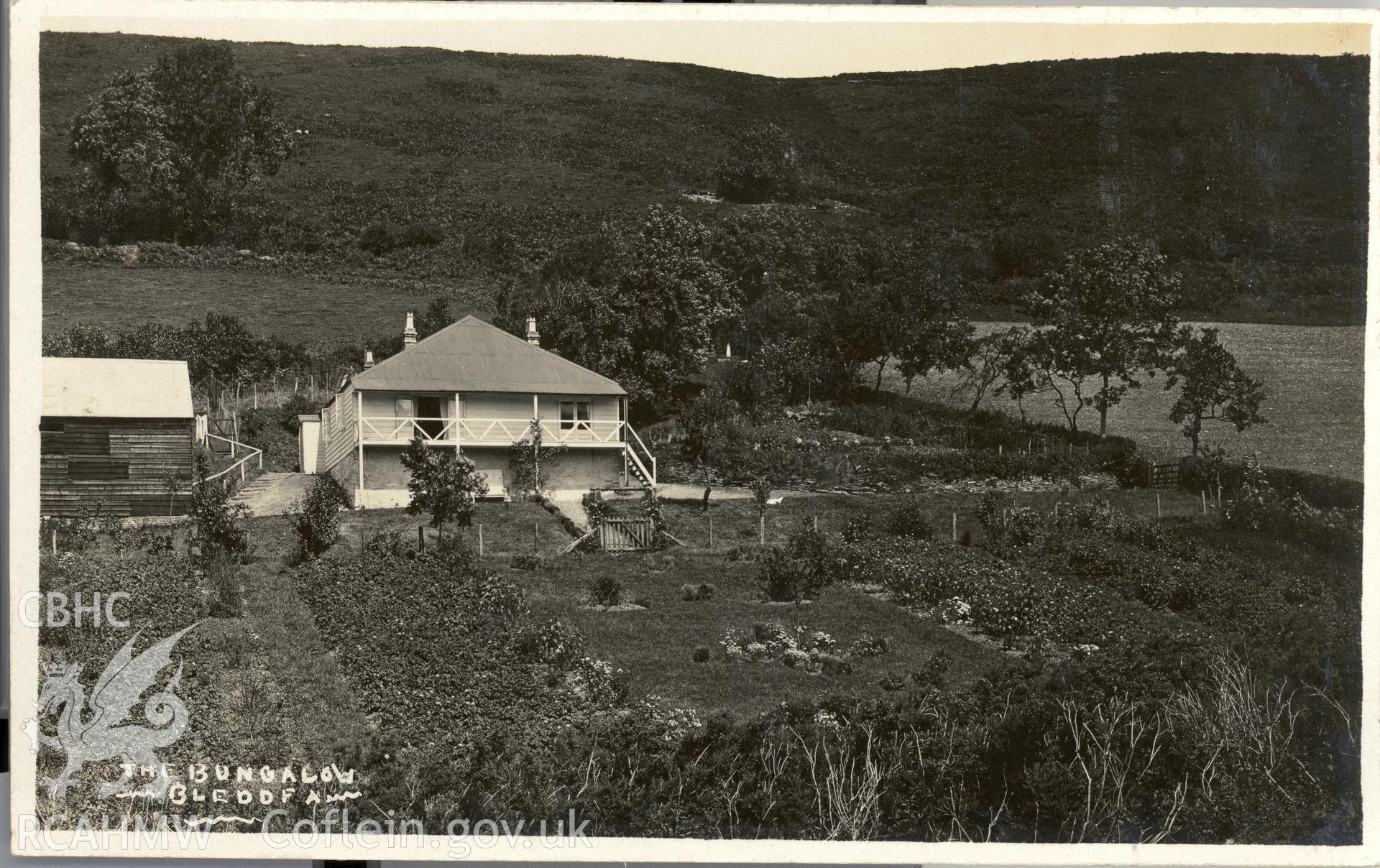 Digitised postcard image of the Bungalow Gleddfa. Produced by Parks and Gardens Data Services, from an original item in the Peter Davis Collection at Parks and Gardens UK. We hold only web-resolution images of this collection, suitable for viewing on screen and for research purposes only. We do not hold the original images, or publication quality scans.