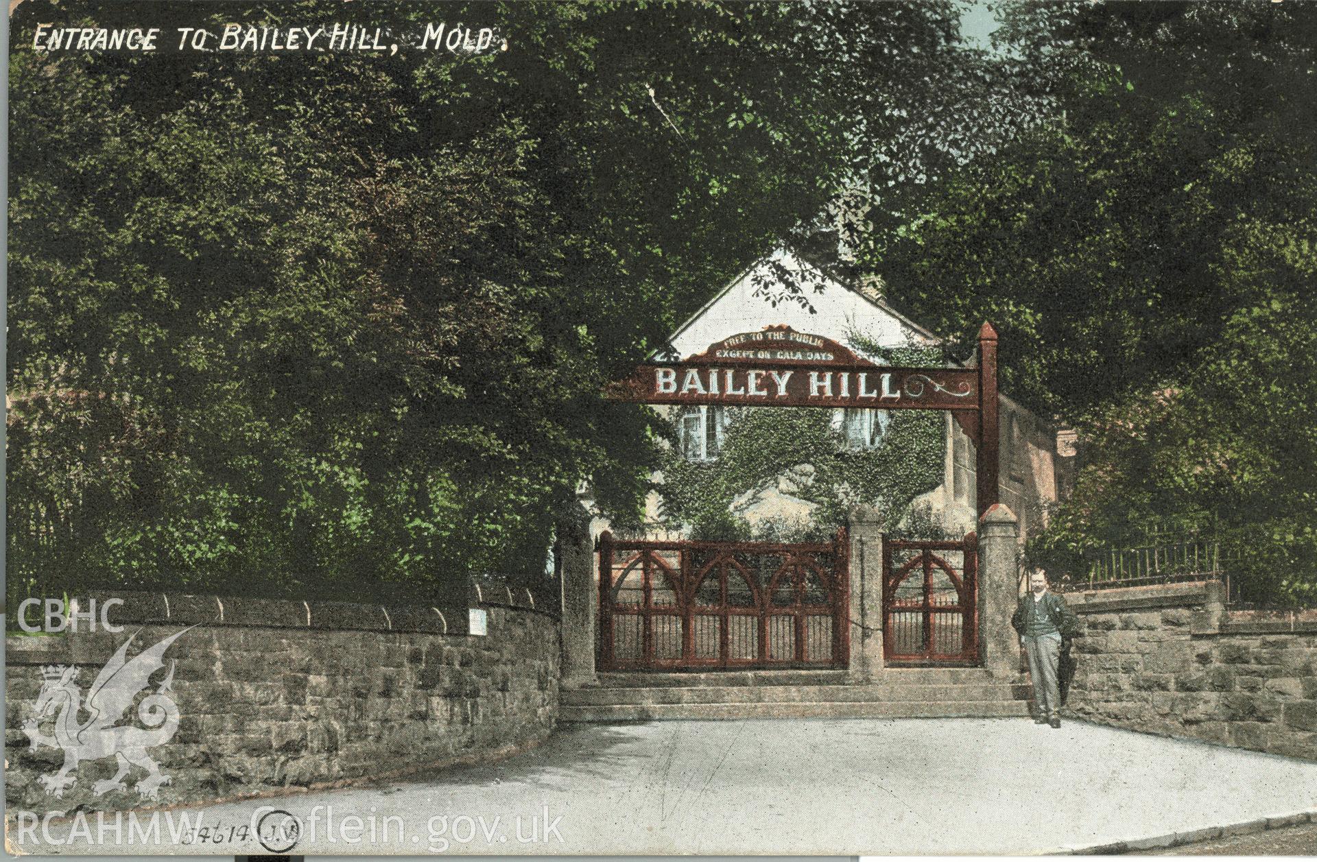 Digitised postcard image of entrance to Bailey Hill garden, Mold, Valentine's Series. Produced by Parks and Gardens Data Services, from an original item in the Peter Davis Collection at Parks and Gardens UK. We hold only web-resolution images of this collection, suitable for viewing on screen and for research purposes only. We do not hold the original images, or publication quality scans.