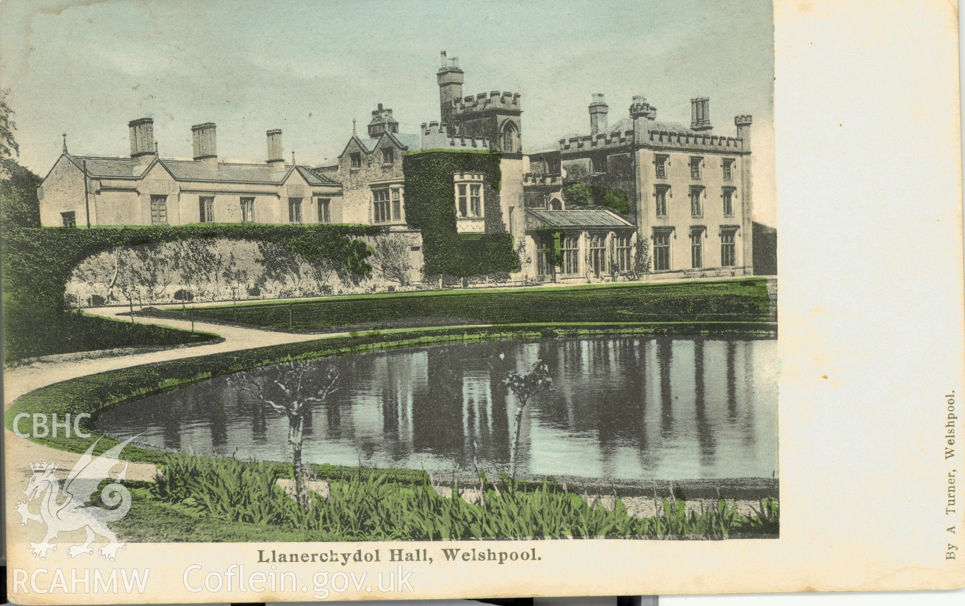 Digitised postcard image of Llanerchydol Hall, Welshpool, with pond,  A. Thomas, Stationer, Broad Street, Welshpool. Produced by Parks and Gardens Data Services, from an original item in the Peter Davis Collection at Parks and Gardens UK. We hold only web-resolution images of this collection, suitable for viewing on screen and for research purposes only. We do not hold the original images, or publication quality scans.