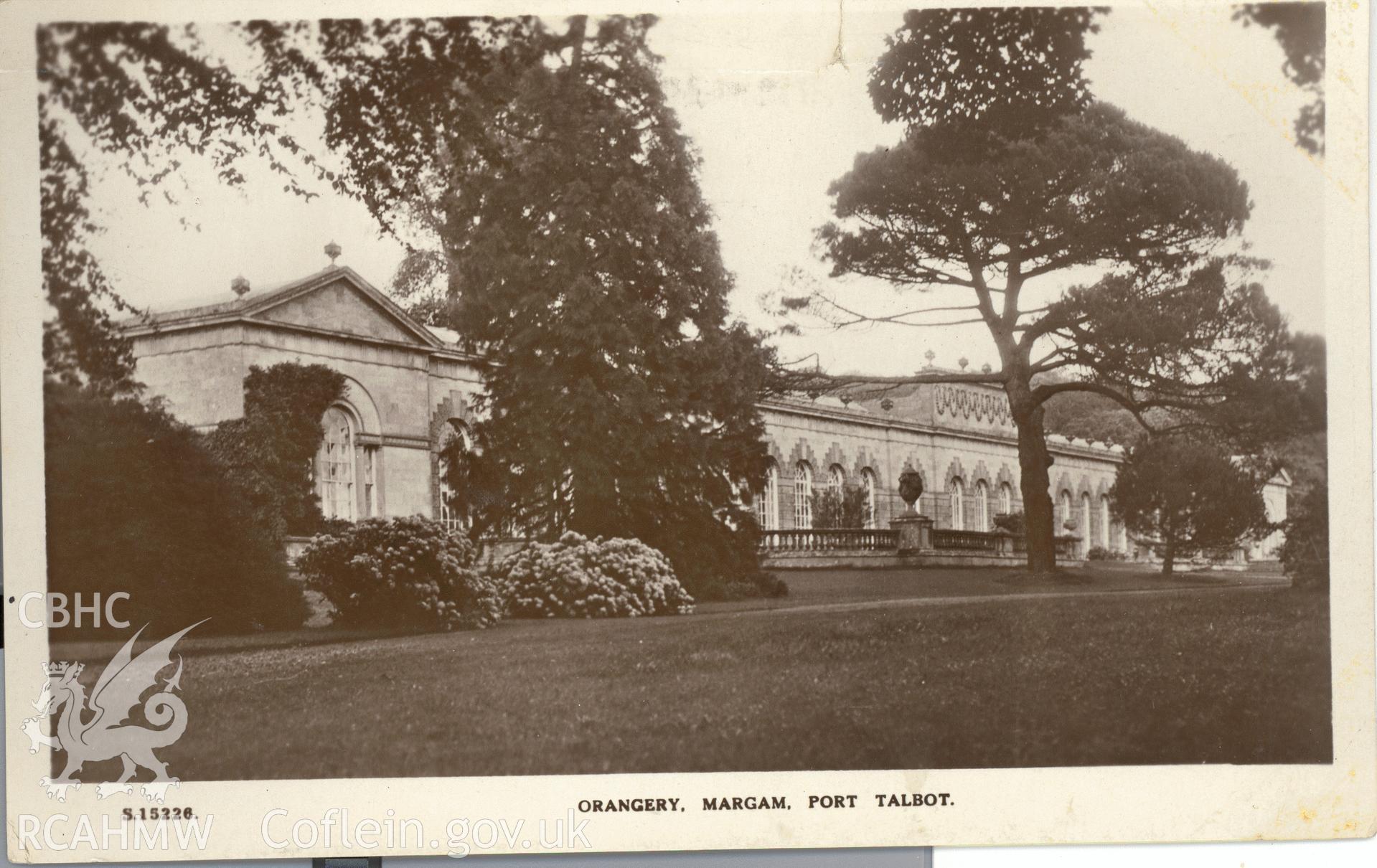 Digitised postcard image of the Orangery, Margam Castle, Kingsway real Photo series. Produced by Parks and Gardens Data Services, from an original item in the Peter Davis Collection at Parks and Gardens UK. We hold only web-resolution images of this collection, suitable for viewing on screen and for research purposes only. We do not hold the original images, or publication quality scans.