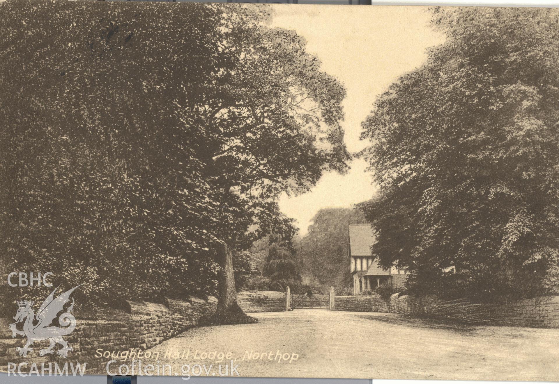 Digitised postcard image of Soughton Hall Lodge, Northop, F. and M. Davies Mold. Produced by Parks and Gardens Data Services, from an original item in the Peter Davis Collection at Parks and Gardens UK. We hold only web-resolution images of this collection, suitable for viewing on screen and for research purposes only. We do not hold the original images, or publication quality scans.