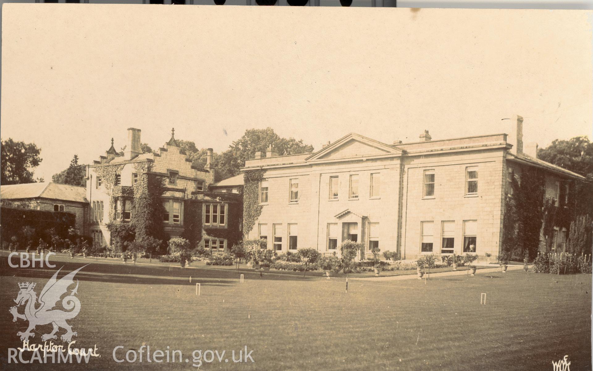 Digitised postcard image of Harpton Court, New Radnor. Produced by Parks and Gardens Data Services, from an original item in the Peter Davis Collection at Parks and Gardens UK. We hold only web-resolution images of this collection, suitable for viewing on screen and for research purposes only. We do not hold the original images, or publication quality scans.