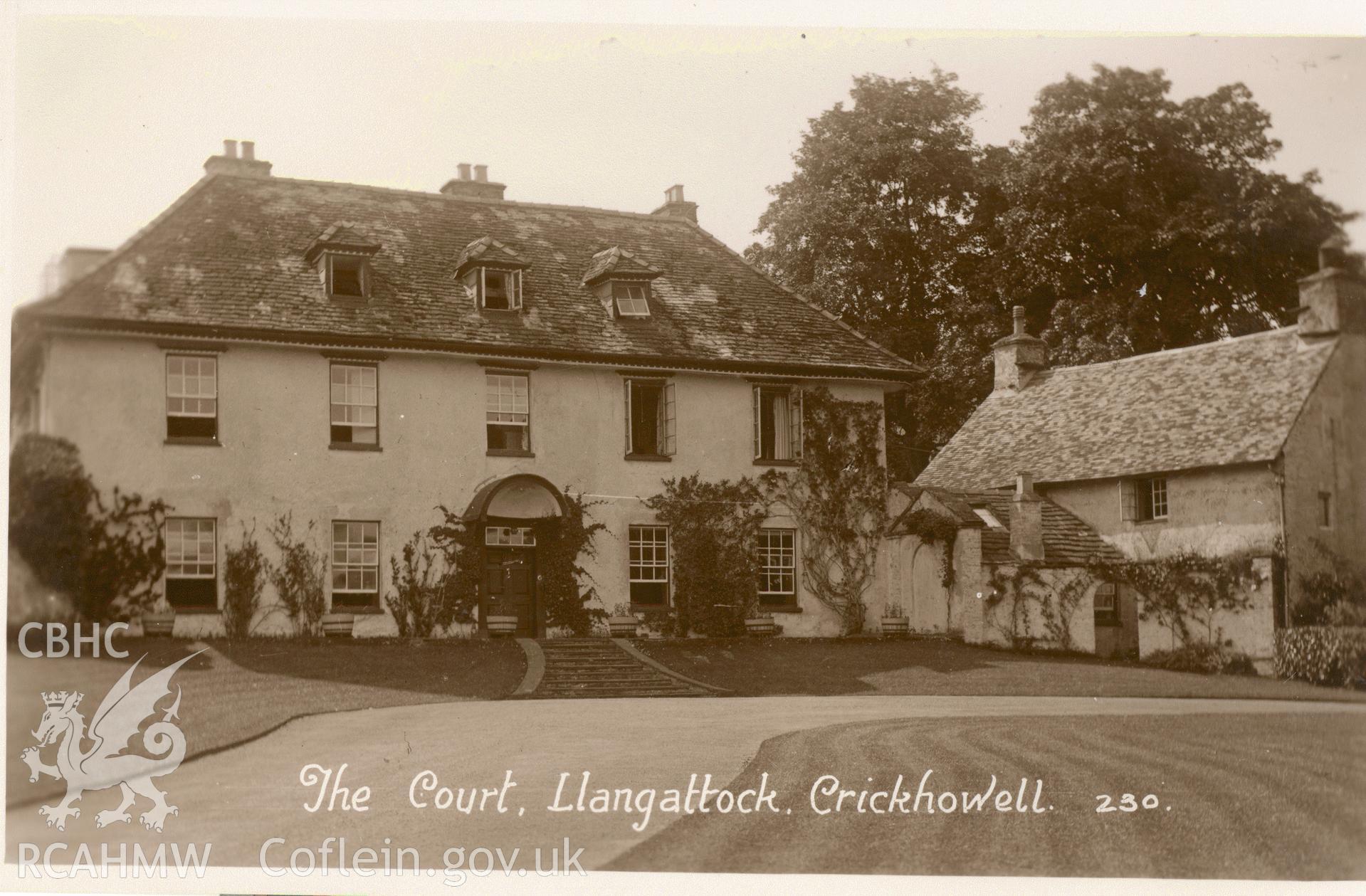 Digitised postcard image of The Court, Llangattock. Produced by Parks and Gardens Data Services, from an original item in the Peter Davis Collection at Parks and Gardens UK. We hold only web-resolution images of this collection, suitable for viewing on screen and for research purposes only. We do not hold the original images, or publication quality scans.