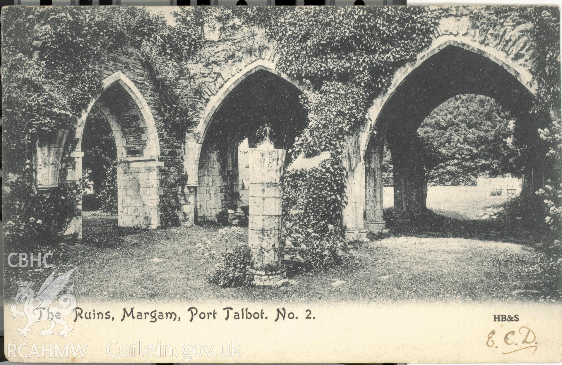 Digitised postcard image of Chapter House ruins, Margam Abbey. Produced by Parks and Gardens Data Services, from an original item in the Peter Davis Collection at Parks and Gardens UK. We hold only web-resolution images of this collection, suitable for viewing on screen and for research purposes only. We do not hold the original images, or publication quality scans.