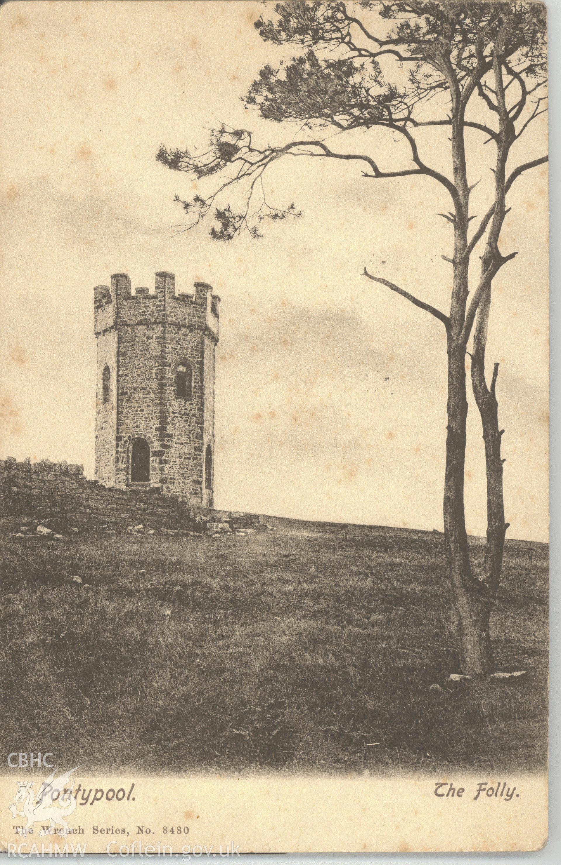 Digitised postcard image of the Folly, Pontypool Park, the Wrench Series. Produced by Parks and Gardens Data Services, from an original item in the Peter Davis Collection at Parks and Gardens UK. We hold only web-resolution images of this collection, suitable for viewing on screen and for research purposes only. We do not hold the original images, or publication quality scans.