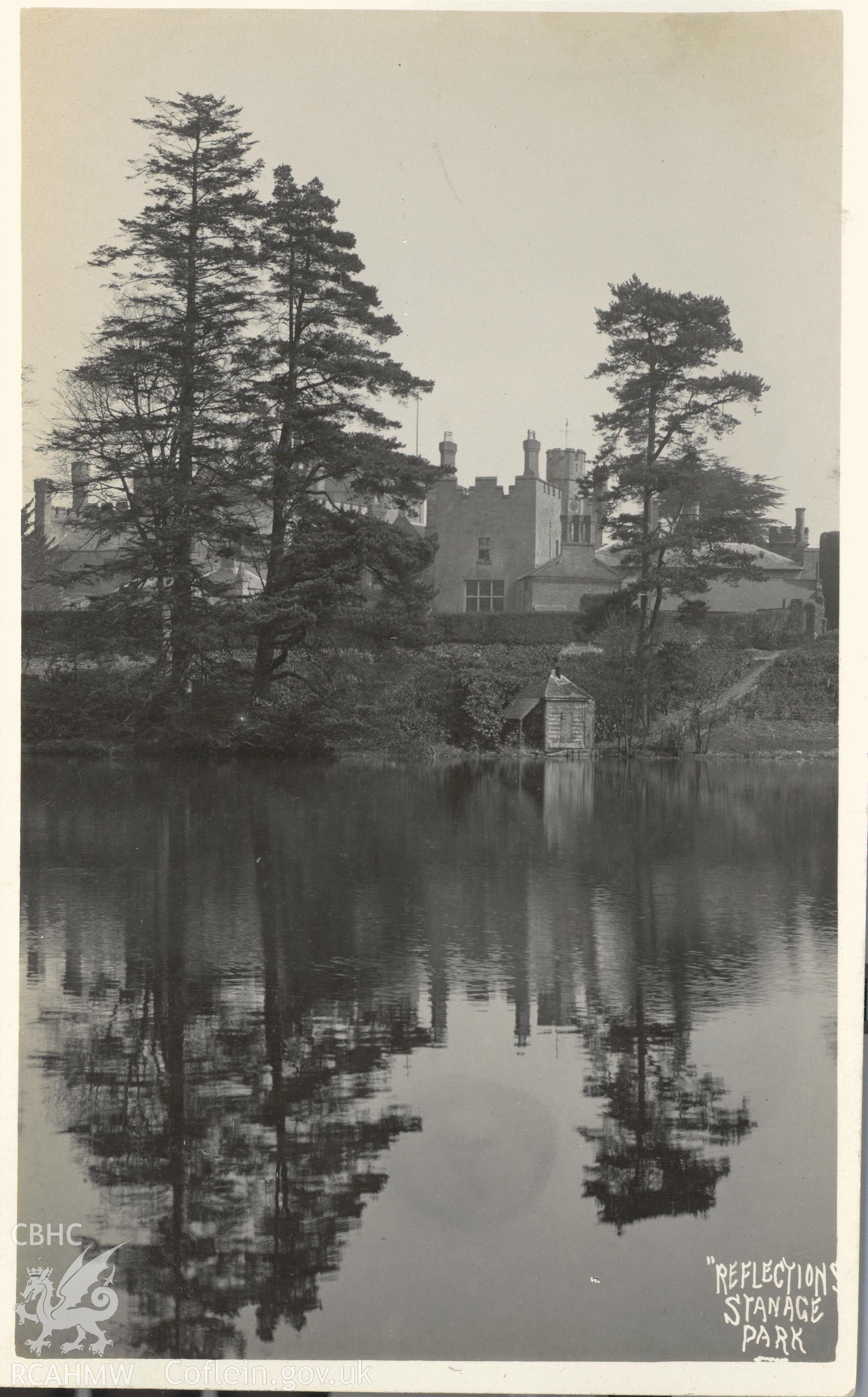 Digitised postcard image of Reflections - Stanage park. Produced by Parks and Gardens Data Services, from an original item in the Peter Davis Collection at Parks and Gardens UK. We hold only web-resolution images of this collection, suitable for viewing on screen and for research purposes only. We do not hold the original images, or publication quality scans.