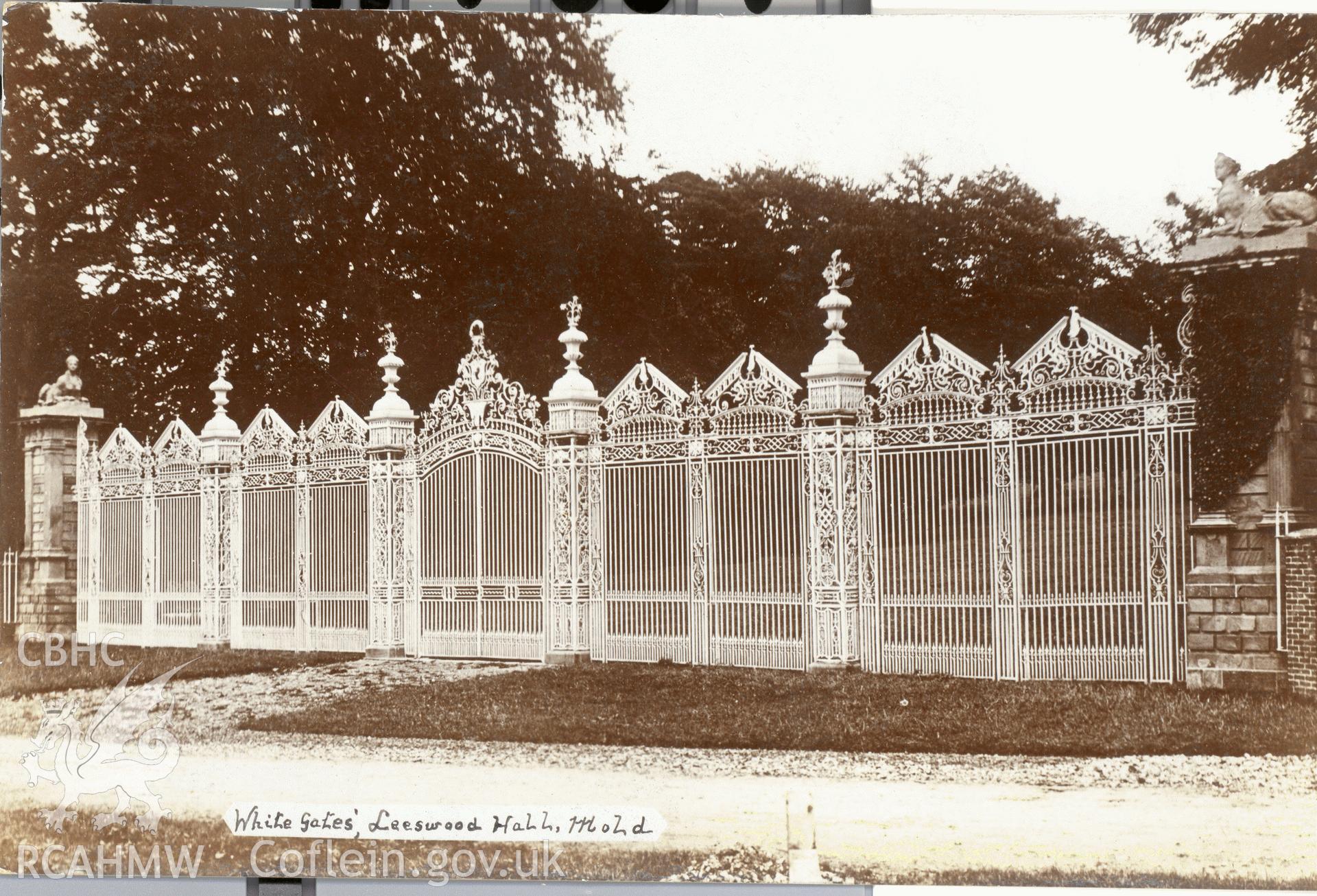 Digitised postcard image of White Gates, Leeswood Hall. Produced by Parks and Gardens Data Services, from an original item in the Peter Davis Collection at Parks and Gardens UK. We hold only web-resolution images of this collection, suitable for viewing on screen and for research purposes only. We do not hold the original images, or publication quality scans.