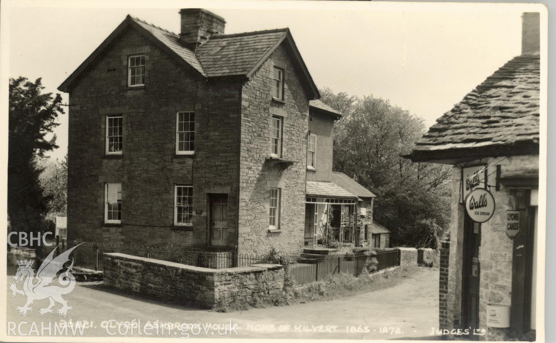 Digitised postcard image of Clyro.  Ashbrook house, home of Kilvert 1865-1872, Judges Ltd. Produced by Parks and Gardens Data Services, from an original item in the Peter Davis Collection at Parks and Gardens UK. We hold only web-resolution images of this collection, suitable for viewing on screen and for research purposes only. We do not hold the original images, or publication quality scans.