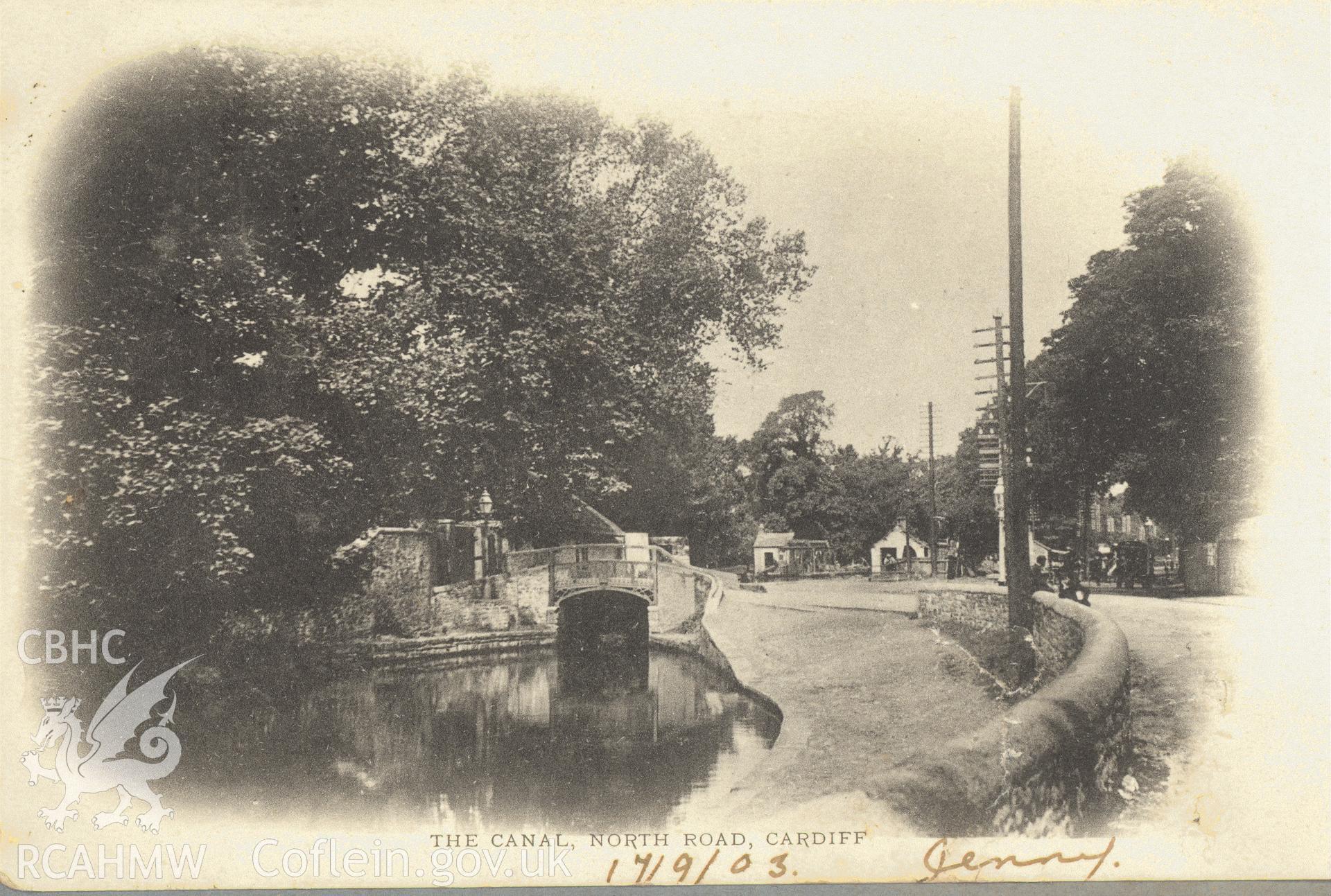 Digitised postcard image of North Road lock overbridge, Cardiff, The Wykeham collection No 676. Produced by Parks and Gardens Data Services, from an original item in the Peter Davis Collection at Parks and Gardens UK. We hold only web-resolution images of this collection, suitable for viewing on screen and for research purposes only. We do not hold the original images, or publication quality scans.