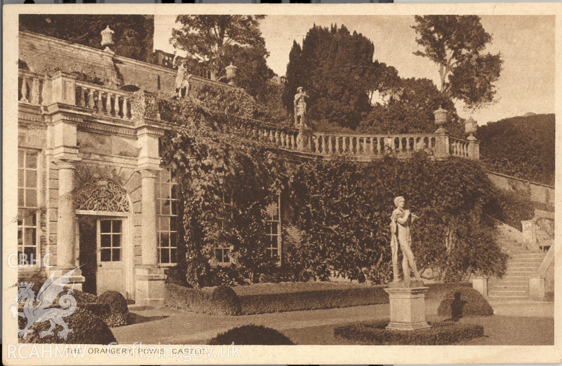 Digitised postcard image of Powis Casles, the Orangery. Produced by Parks and Gardens Data Services, from an original item in the Peter Davis Collection at Parks and Gardens UK. We hold only web-resolution images of this collection, suitable for viewing on screen and for research purposes only. We do not hold the original images, or publication quality scans.