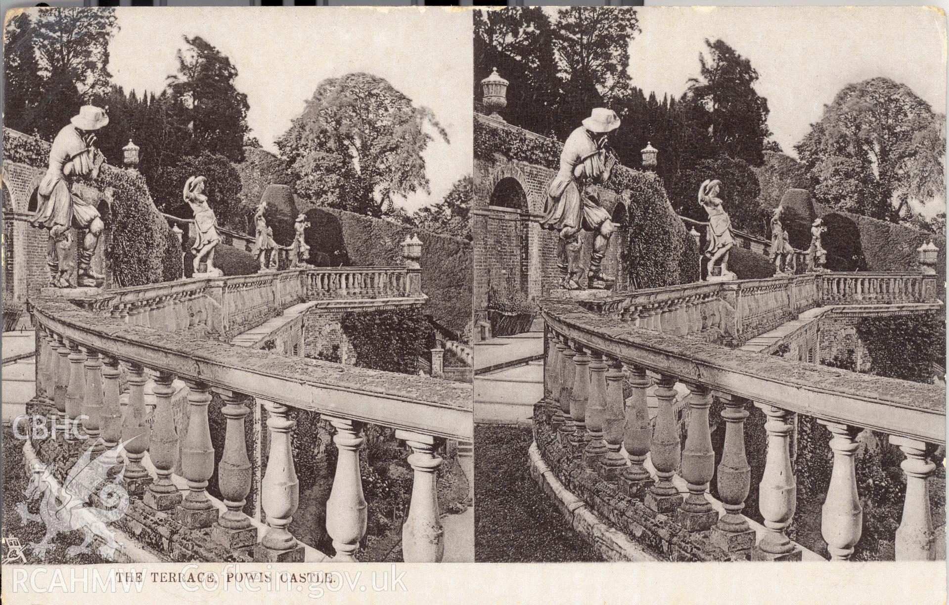 Digitised postcard image of Powis Castle, statuary, main terrace, Raphael Tuck and Sons. Produced by Parks and Gardens Data Services, from an original item in the Peter Davis Collection at Parks and Gardens UK. We hold only web-resolution images of this collection, suitable for viewing on screen and for research purposes only. We do not hold the original images, or publication quality scans.