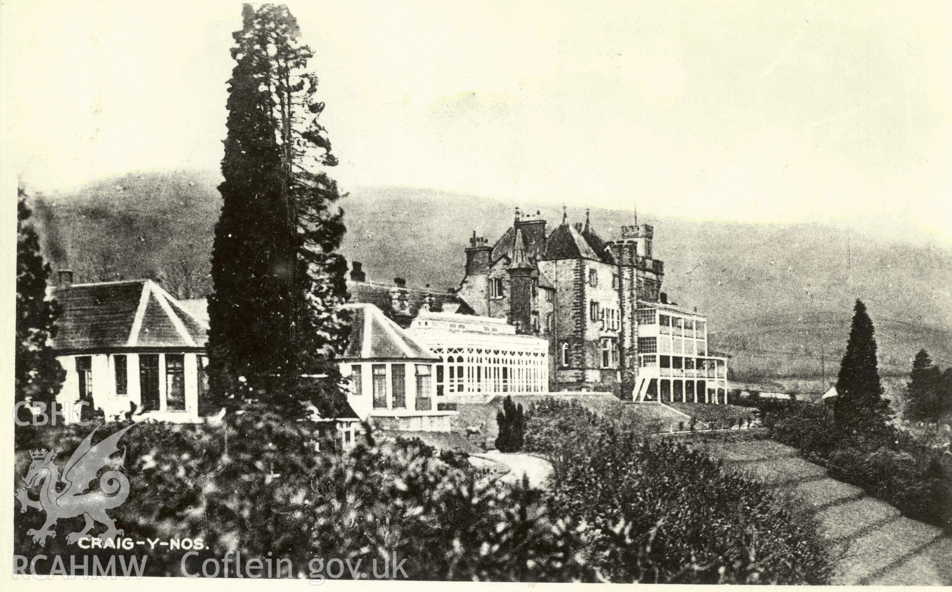 Digitised postcard image of Craig y Nos Castle, Glyntawe, Scott's Photographic Services, Stalybridge. Produced by Parks and Gardens Data Services, from an original item in the Peter Davis Collection at Parks and Gardens UK. We hold only web-resolution images of this collection, suitable for viewing on screen and for research purposes only. We do not hold the original images, or publication quality scans.