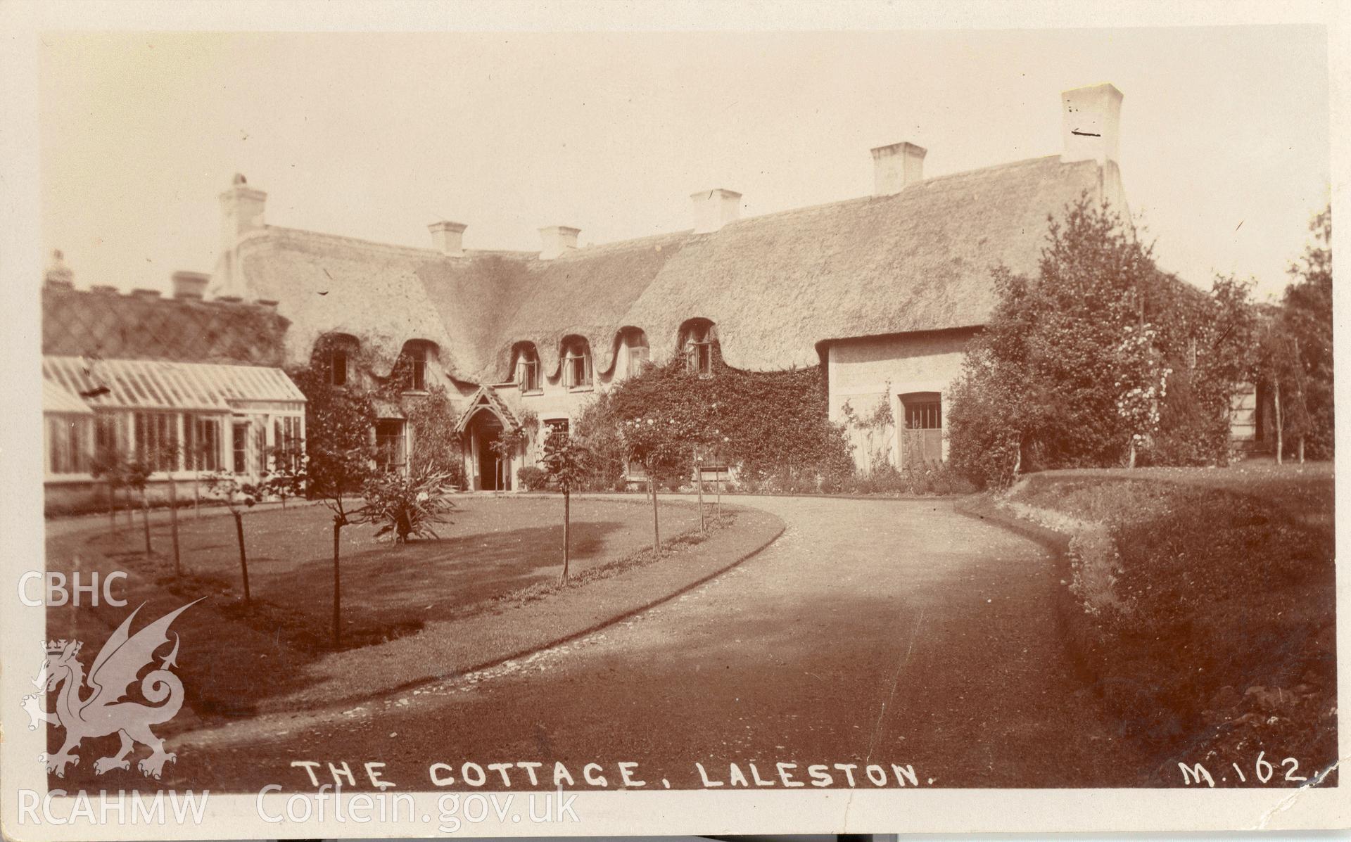 Digitised postcard image of Laleston Cottage, Laleston. Produced by Parks and Gardens Data Services, from an original item in the Peter Davis Collection at Parks and Gardens UK. We hold only web-resolution images of this collection, suitable for viewing on screen and for research purposes only. We do not hold the original images, or publication quality scans.