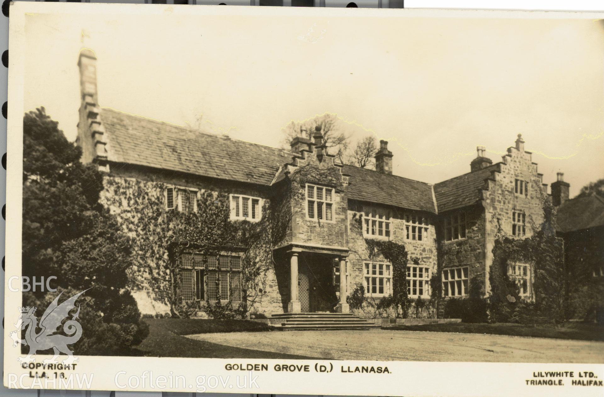 Digitised postcard image of Golden Grove, Llanasa, Lilywhite Ltd. Produced by Parks and Gardens Data Services, from an original item in the Peter Davis Collection at Parks and Gardens UK. We hold only web-resolution images of this collection, suitable for viewing on screen and for research purposes only. We do not hold the original images, or publication quality scans.