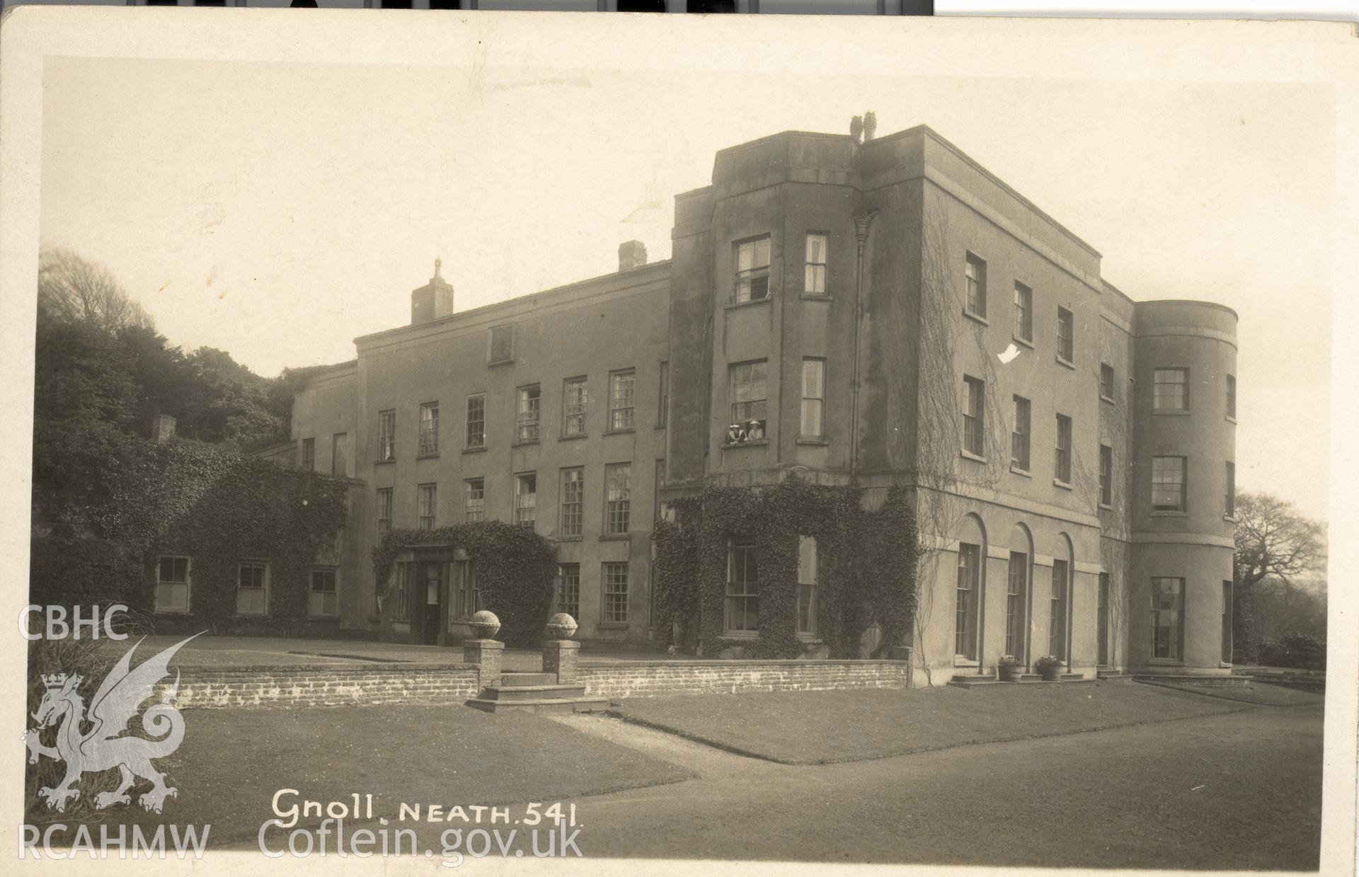 Digitised postcard image of Gnoll House, Neath, Viners Series, Weston Super mare. Produced by Parks and Gardens Data Services, from an original item in the Peter Davis Collection at Parks and Gardens UK. We hold only web-resolution images of this collection, suitable for viewing on screen and for research purposes only. We do not hold the original images, or publication quality scans.