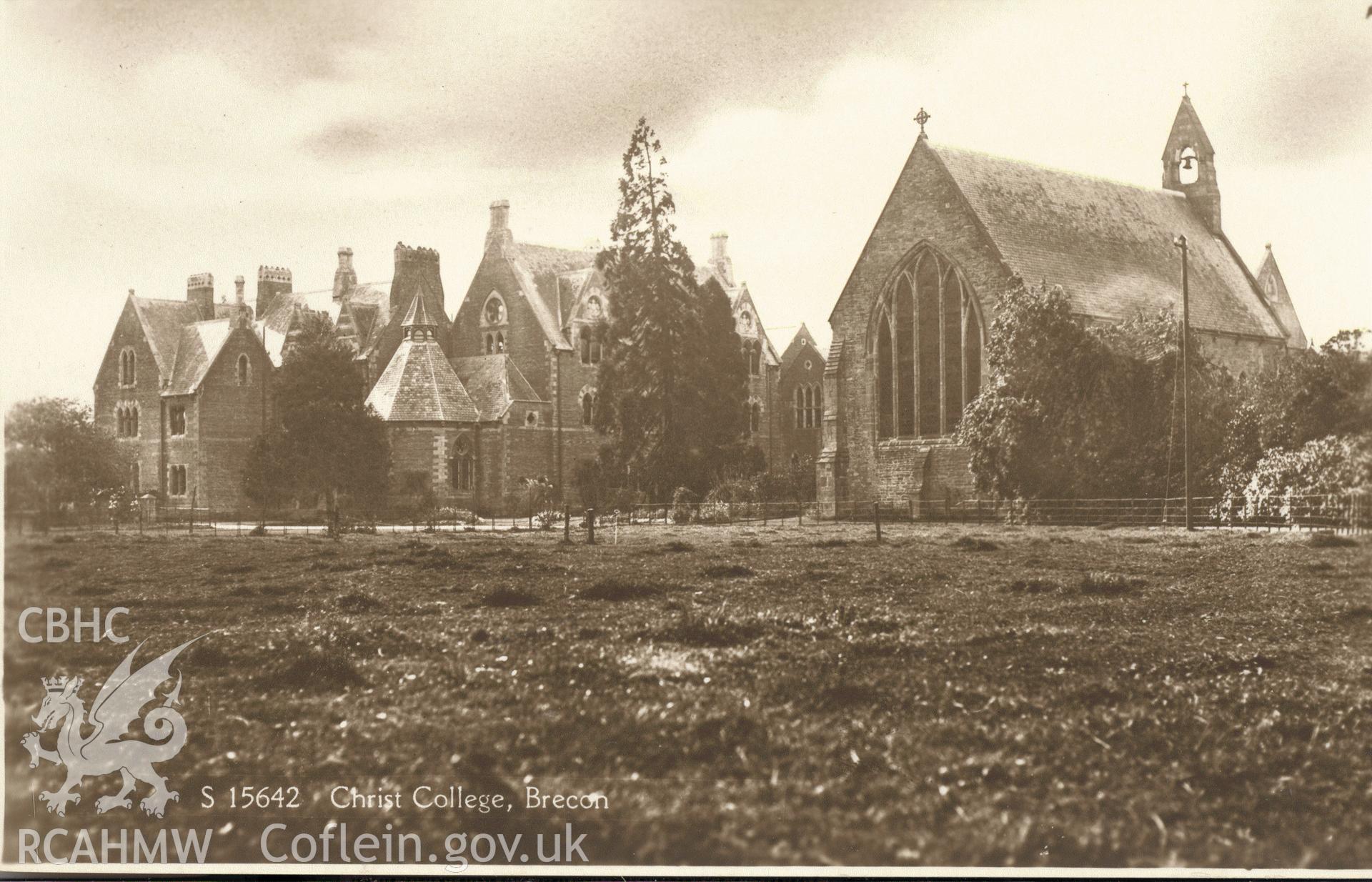 Digitised postcard image of Christ College, Brecon, Kingsway Real Photo Series. Produced by Parks and Gardens Data Services, from an original item in the Peter Davis Collection at Parks and Gardens UK. We hold only web-resolution images of this collection, suitable for viewing on screen and for research purposes only. We do not hold the original images, or publication quality scans.