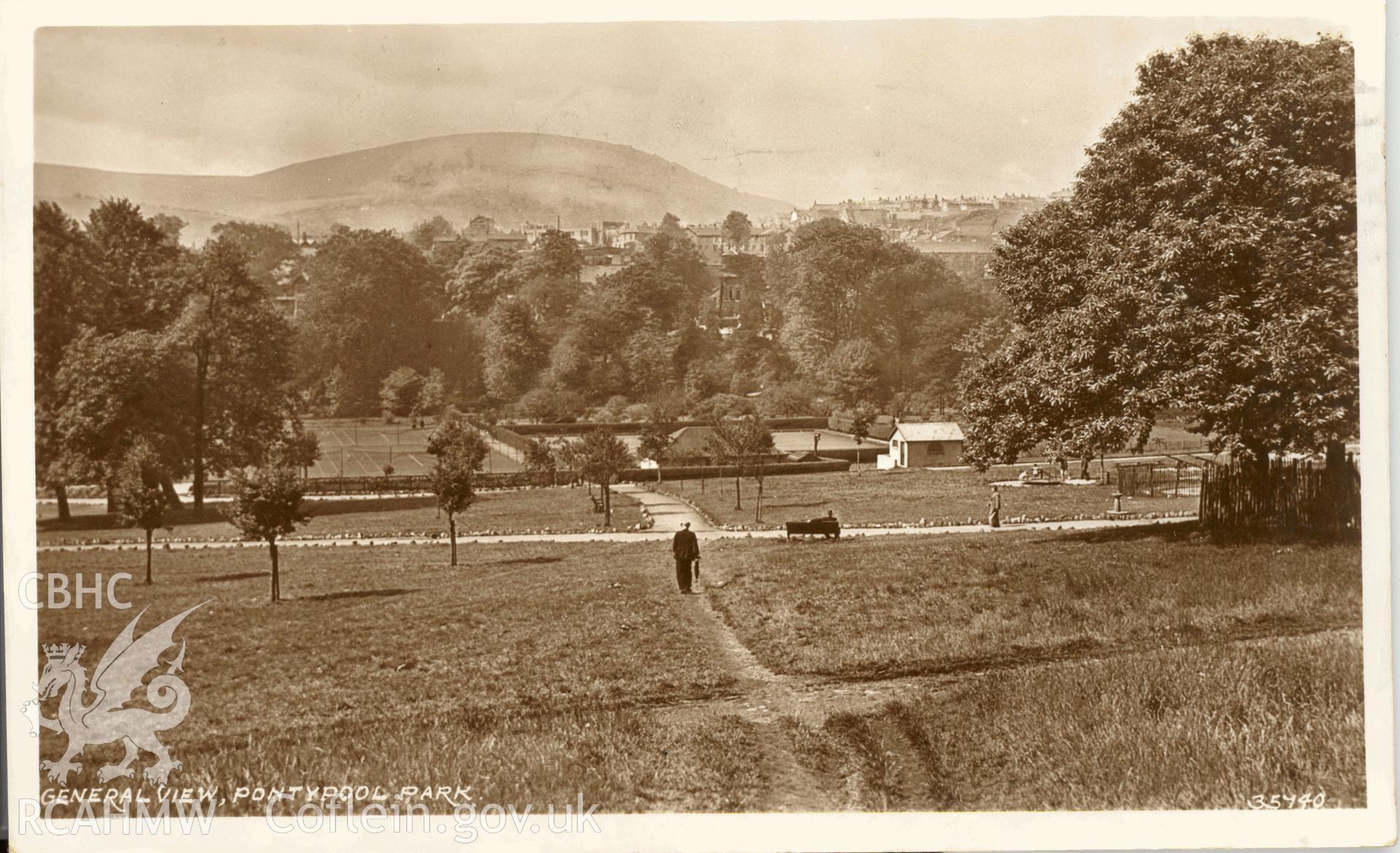 Digitised postcard image of general view, Pontypool park, with figures. Produced by Parks and Gardens Data Services, from an original item in the Peter Davis Collection at Parks and Gardens UK. We hold only web-resolution images of this collection, suitable for viewing on screen and for research purposes only. We do not hold the original images, or publication quality scans.