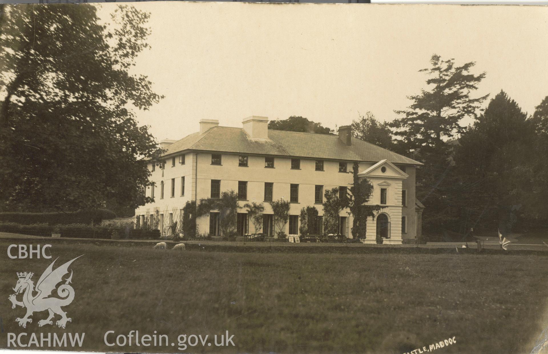 Digitised postcard image of Castle Madoc Mansion, J. Clark, 13 High Street, Brecon. Produced by Parks and Gardens Data Services, from an original item in the Peter Davis Collection at Parks and Gardens UK. We hold only web-resolution images of this collection, suitable for viewing on screen and for research purposes only. We do not hold the original images, or publication quality scans.