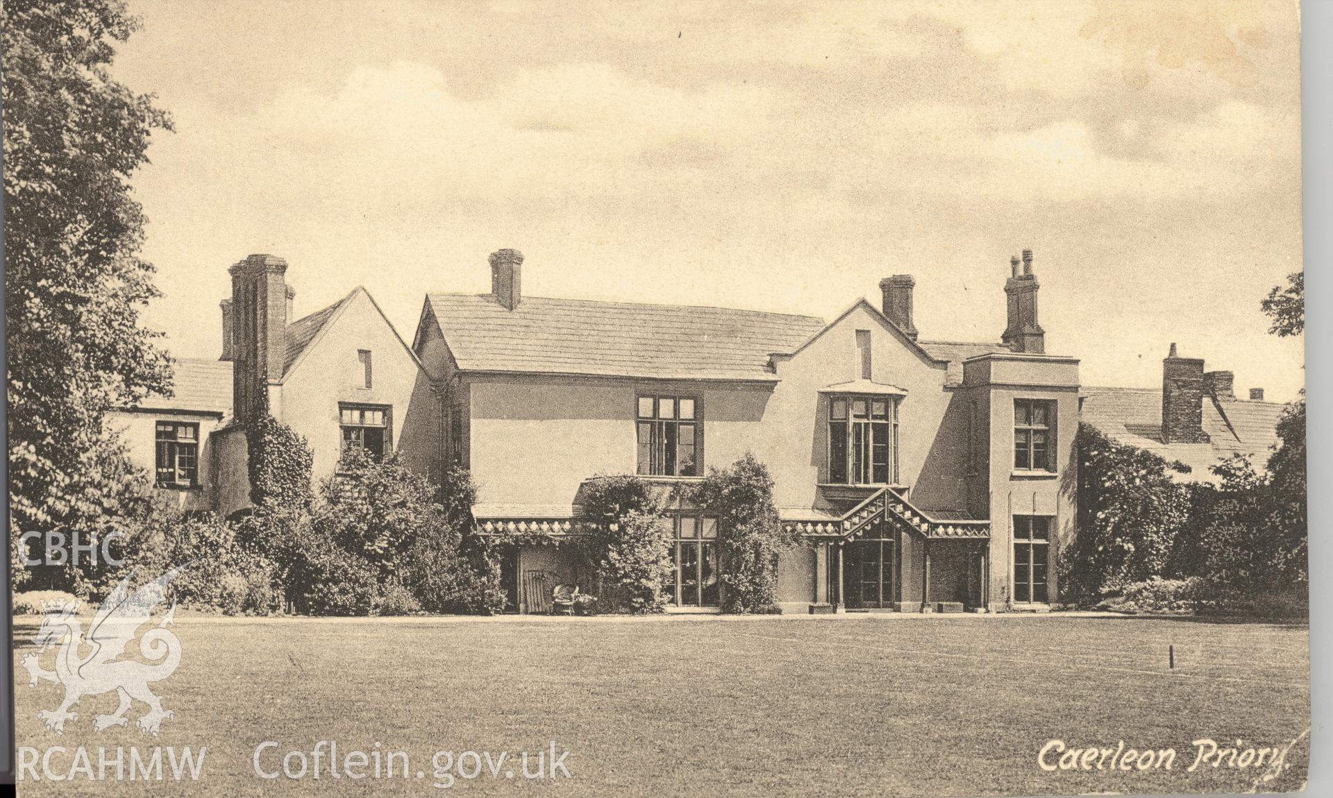 Digitised postcard image of the Priory, Caerleon, F. Frith & Co., Ltd. Produced by Parks and Gardens Data Services, from an original item in the Peter Davis Collection at Parks and Gardens UK. We hold only web-resolution images of this collection, suitable for viewing on screen and for research purposes only. We do not hold the original images, or publication quality scans.