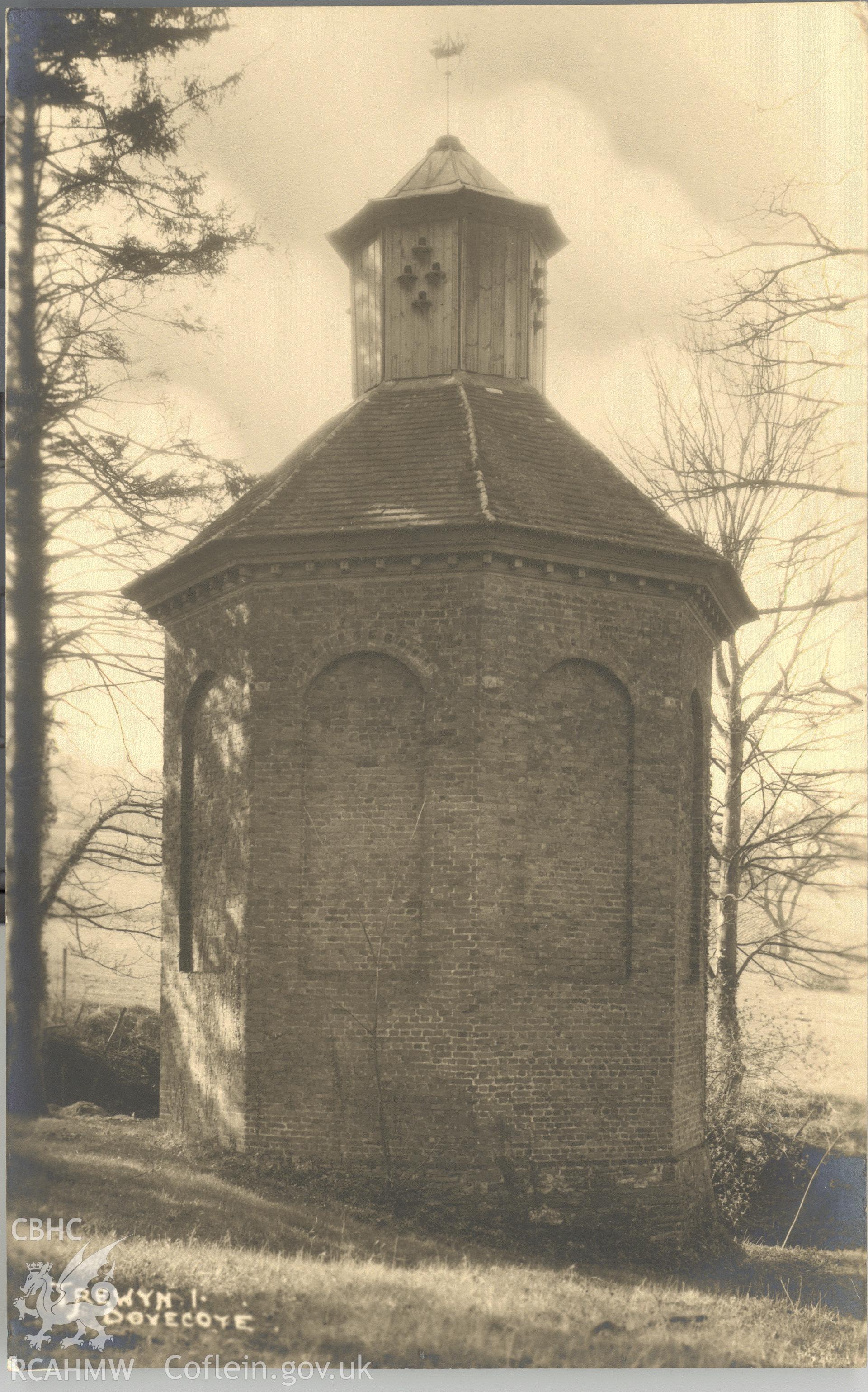 Digitised postcard image of Trewyn Dovecote, Crucorney, W.A. Call, the County Studio, Monmouth. Produced by Parks and Gardens Data Services, from an original item in the Peter Davis Collection at Parks and Gardens UK. We hold only web-resolution images of this collection, suitable for viewing on screen and for research purposes only. We do not hold the original images, or publication quality scans.